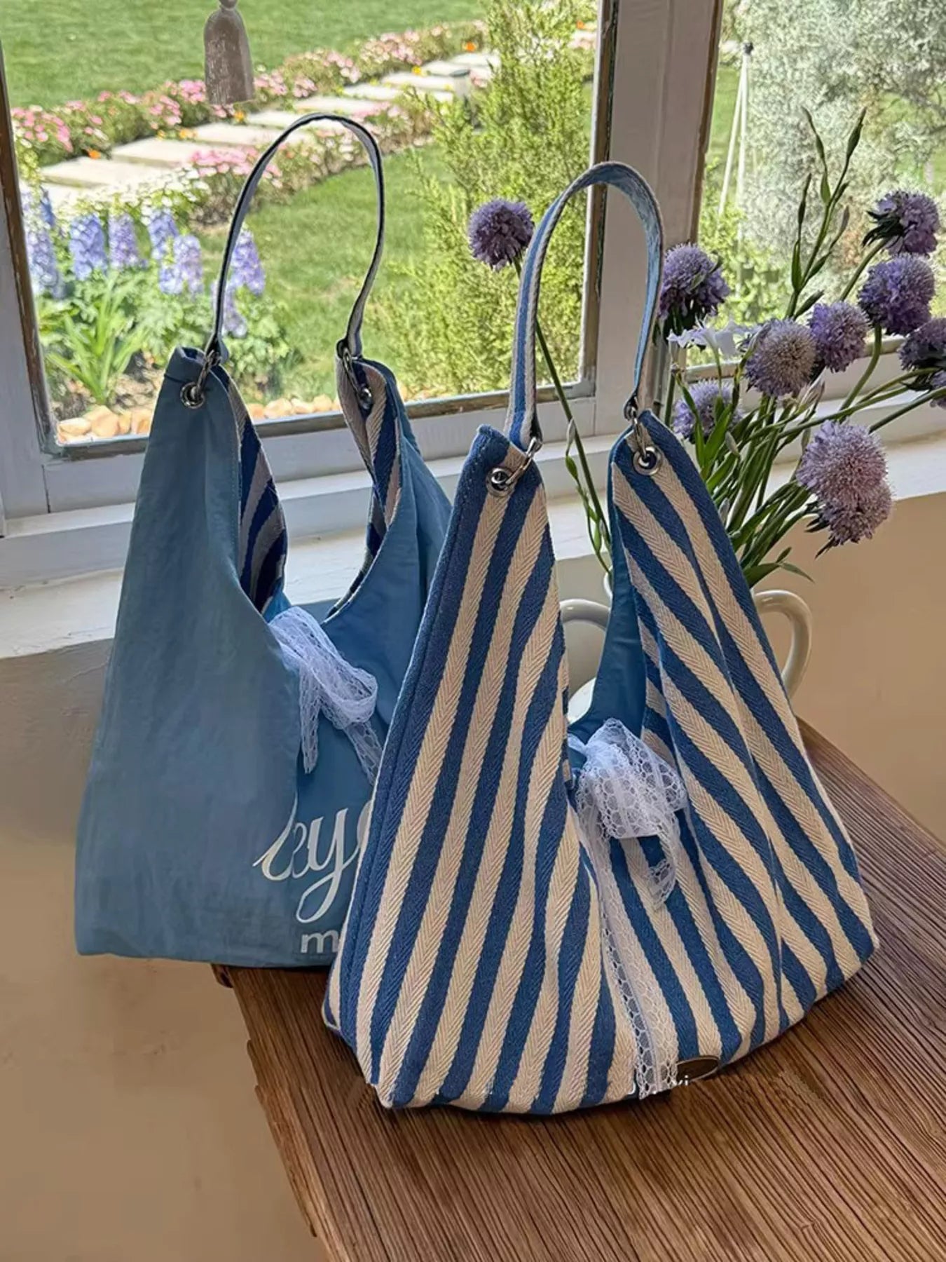 Canvas Tote Bag - Chic Striped Design - Sky BlueOne SizeFashionable Purses