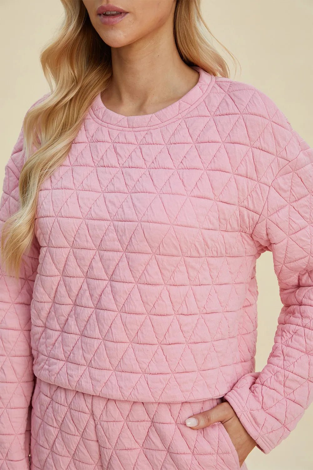Double Take Full Size Texture Round Neck Long Sleeve Top and Shorts Set - PBNJ FASHIONS