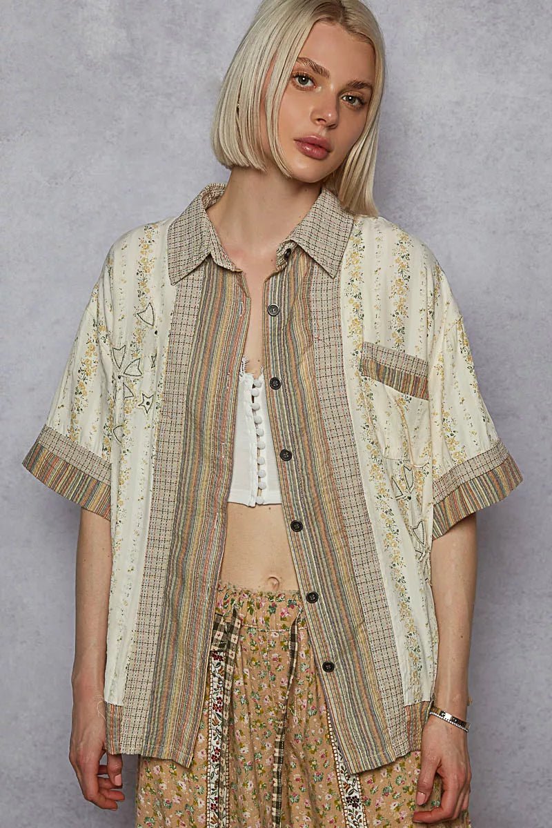 POL Printed Button Down Patchwork Short Sleeve Shirt - PBNJ FASHIONS
