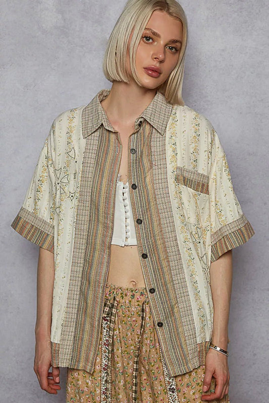 POL Printed Button Down Patchwork Short Sleeve Shirt - PBNJ FASHIONS