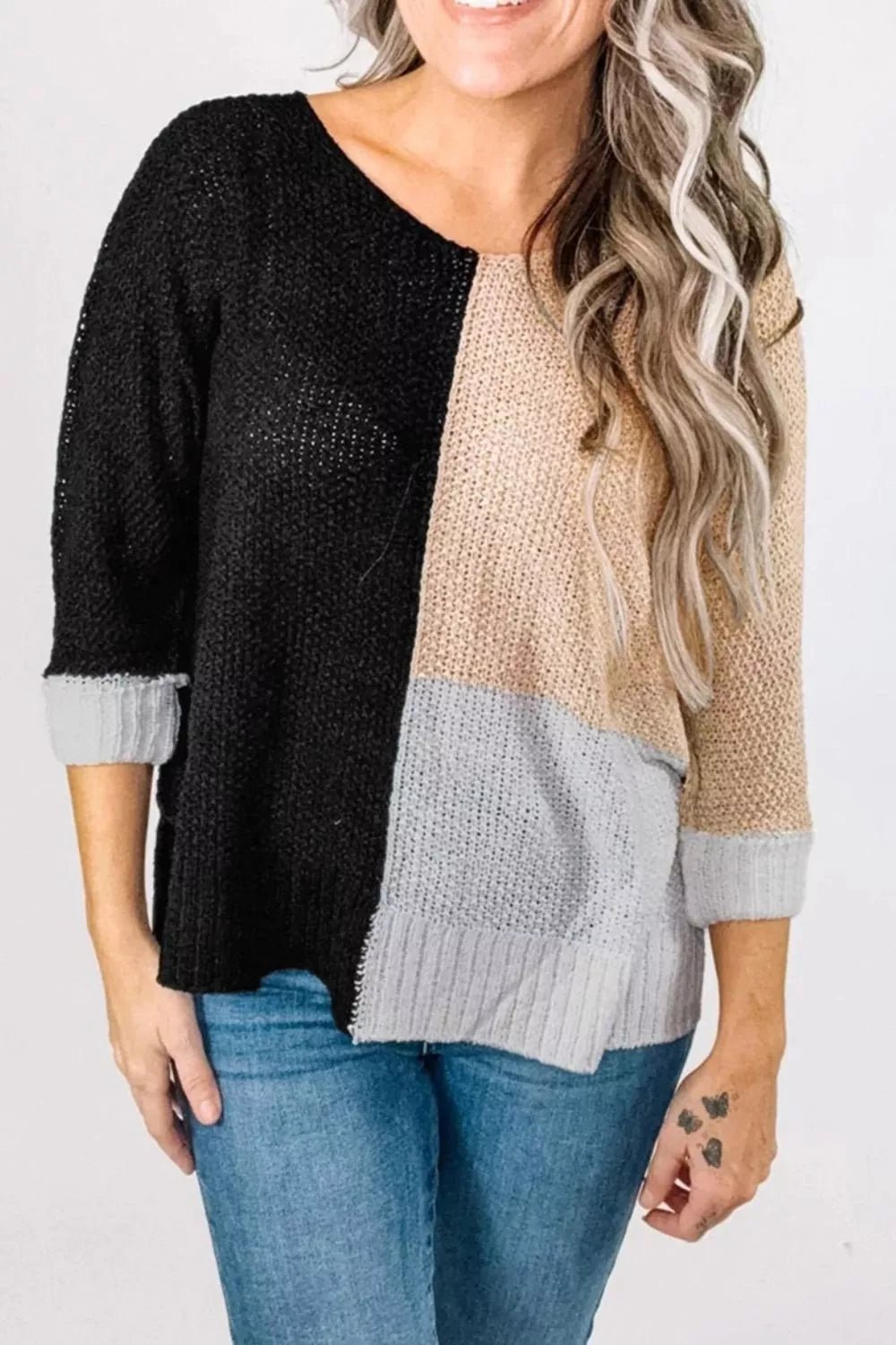 Color Block Knit V Neck Loose Sweater - PBNJ FASHIONS