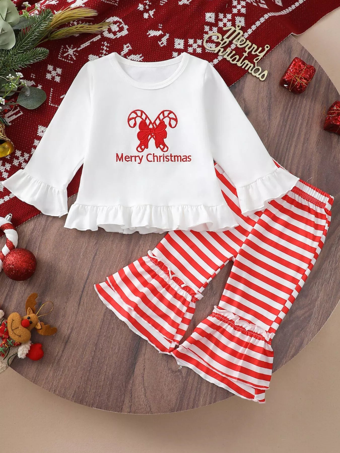Children's Christmas Ruffle Trim Top and Pants Set - PBNJ FASHIONS