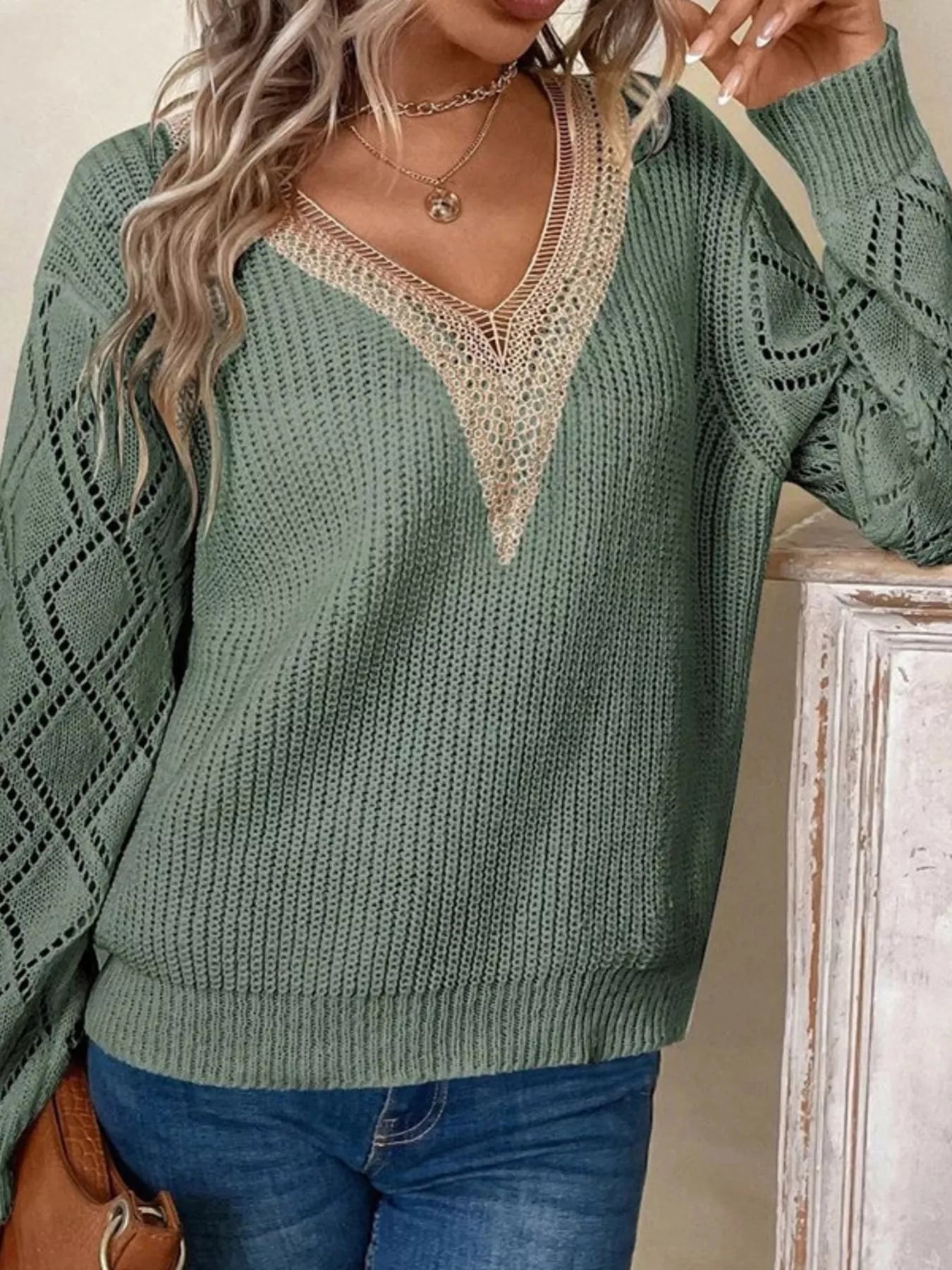 V - Neck Openwork Sweater - PBNJ FASHIONS
