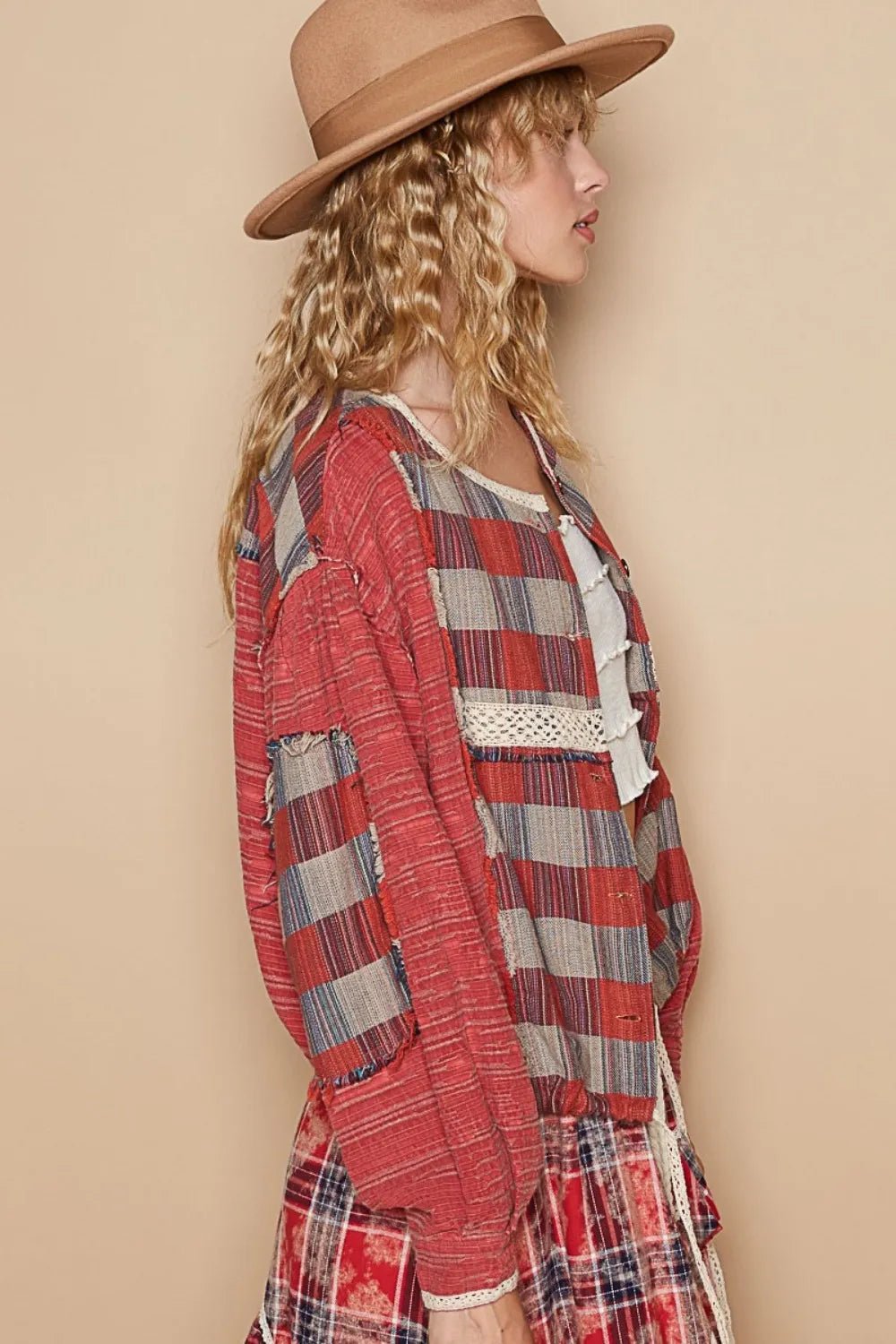 POL Round Neck Long Sleeve Plaid Shirt - PBNJ FASHIONS