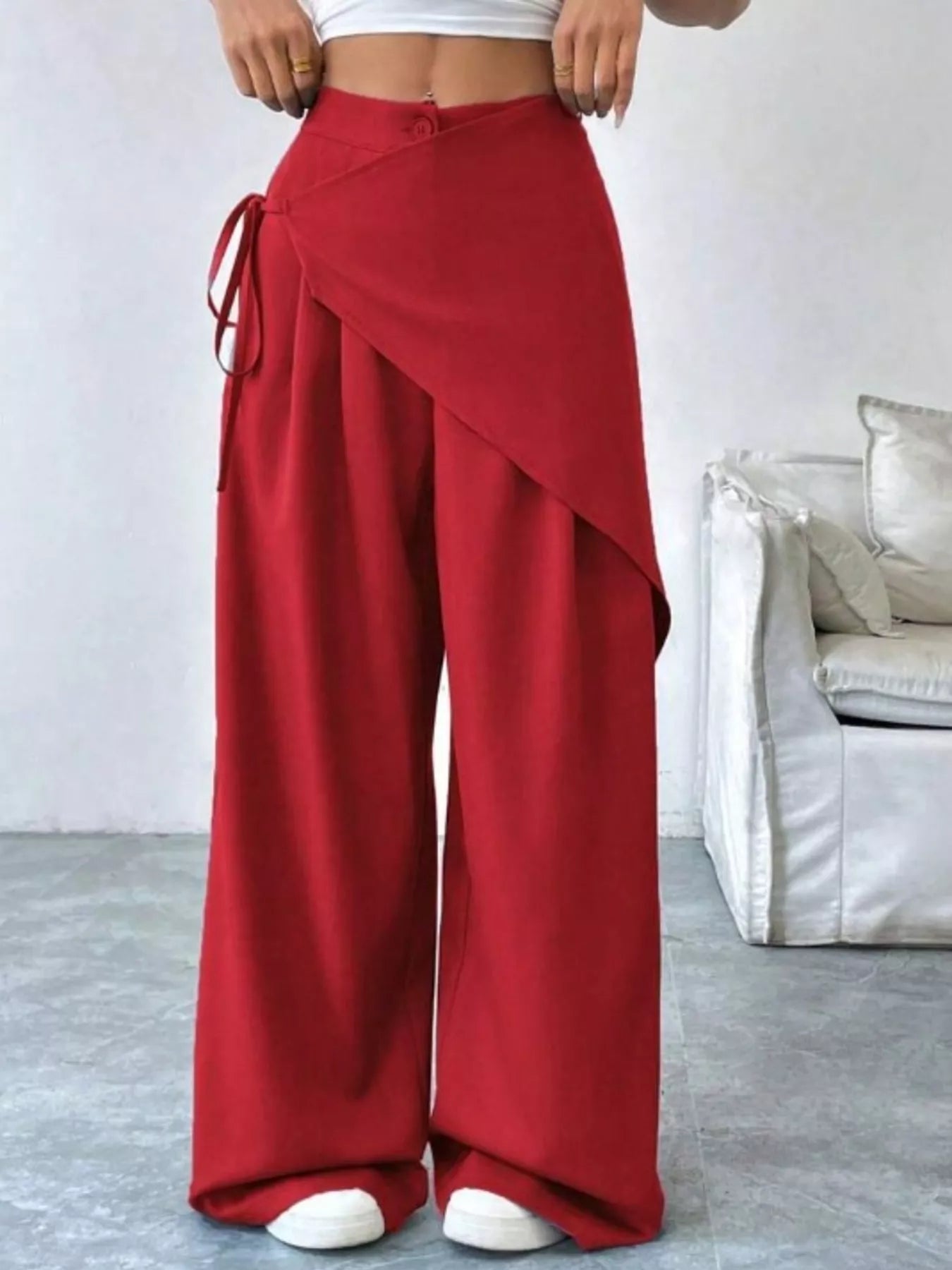 Chic Wrap Front Wide-Leg Wrap Pants - Red-S- - PBNJ FASHIONS