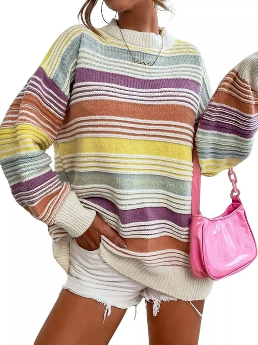 Striped Knit Long Sleeve Sweater - PBNJ FASHIONS