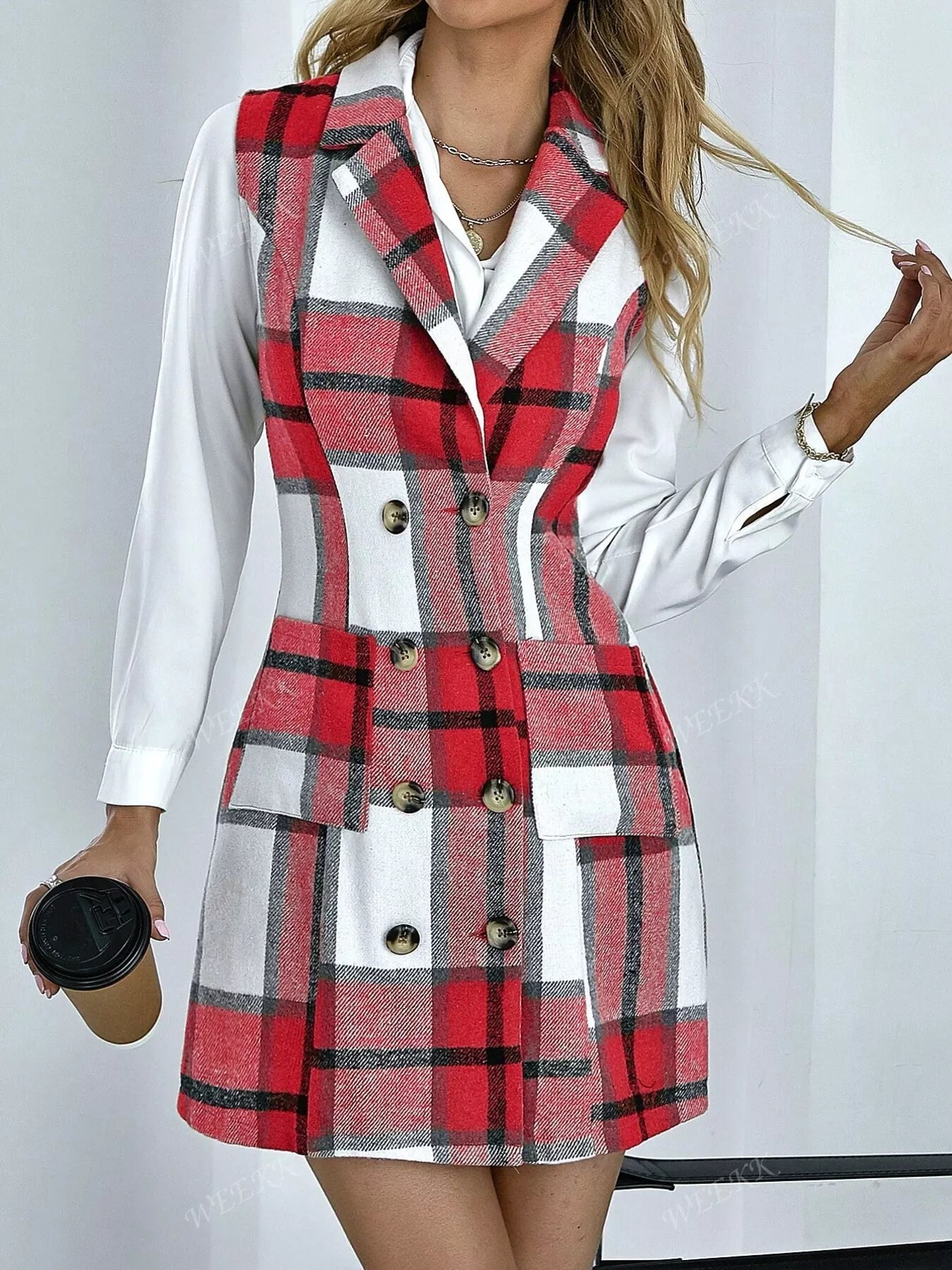Plaid Double - Breasted Sleeveless Blazer Dress - PBNJ FASHIONS