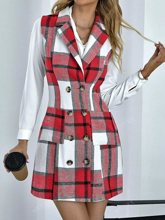 Plaid Double - Breasted Sleeveless Blazer Dress - PBNJ FASHIONS