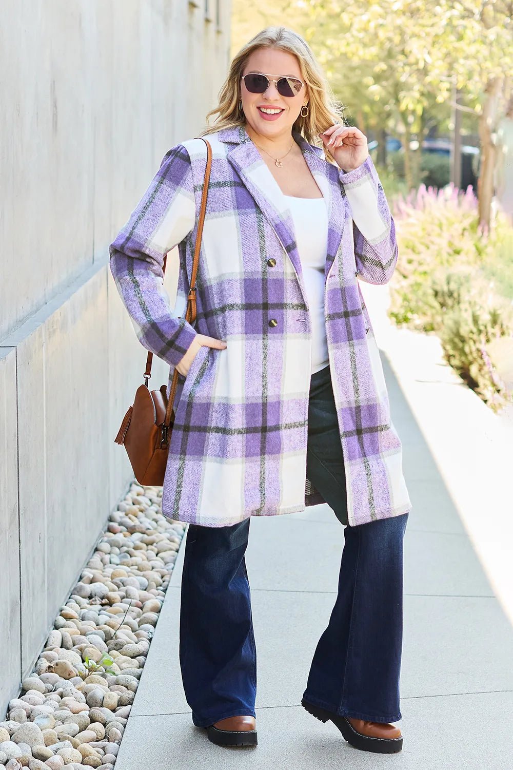 Double Take Full Size Plaid Button Up Lapel Collar Coat - PBNJ FASHIONS