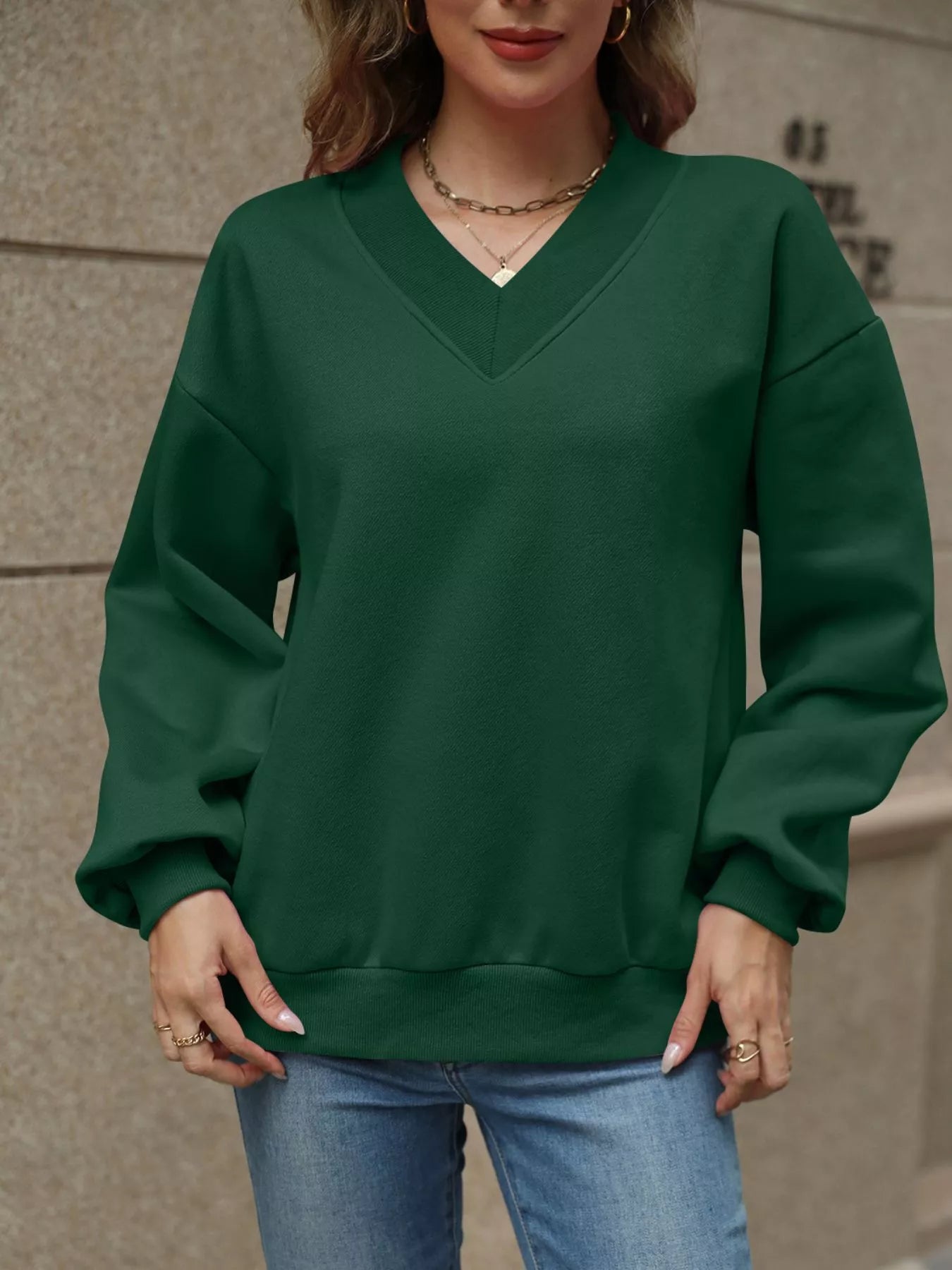 V - Neck Solid Color Casual Sweatshirt - PBNJ FASHIONS