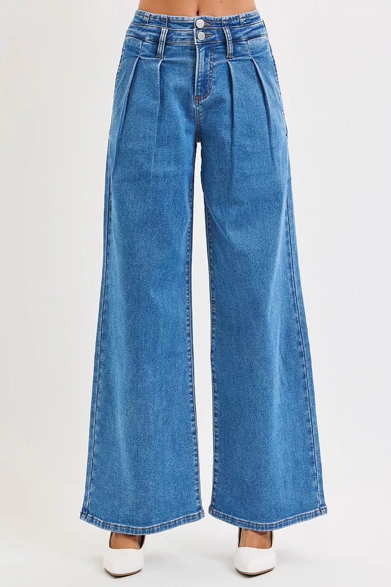 RISEN Full Size Mid Rise Fit Wide Leg with Pleated Detail Jeans Plus Size - PBNJ FASHIONS