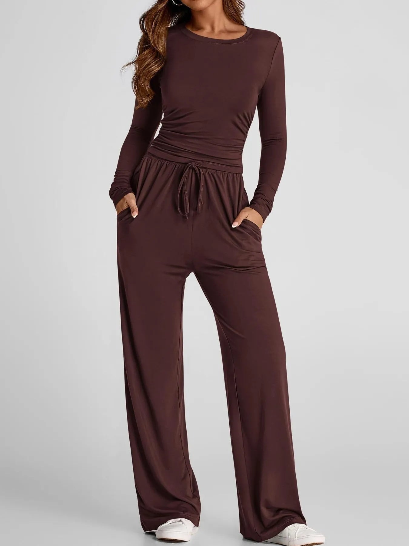 Round Neck Long Sleeve Top and Pants Set - PBNJ FASHIONS