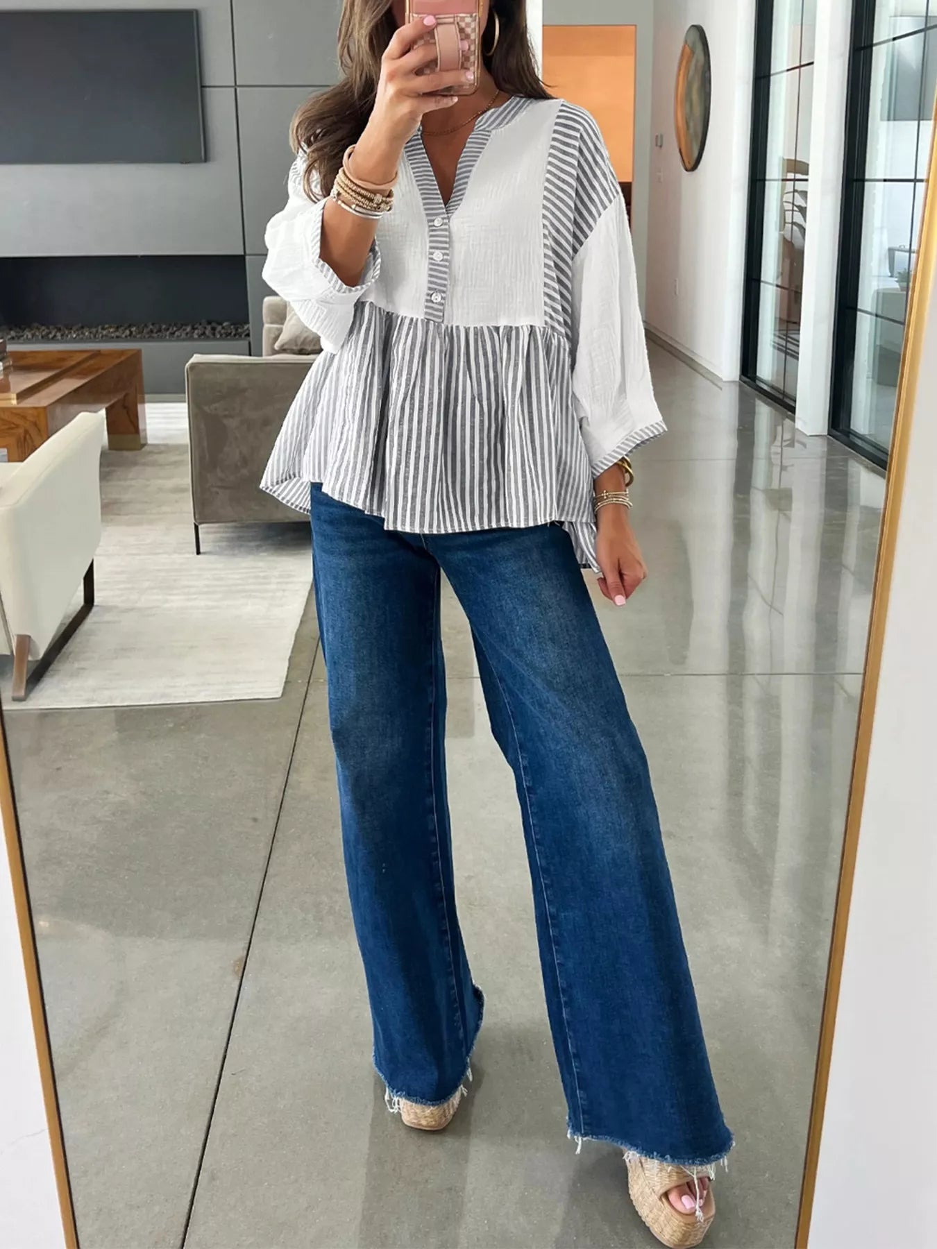 Striped Button Detail Blouse - PBNJ FASHIONS