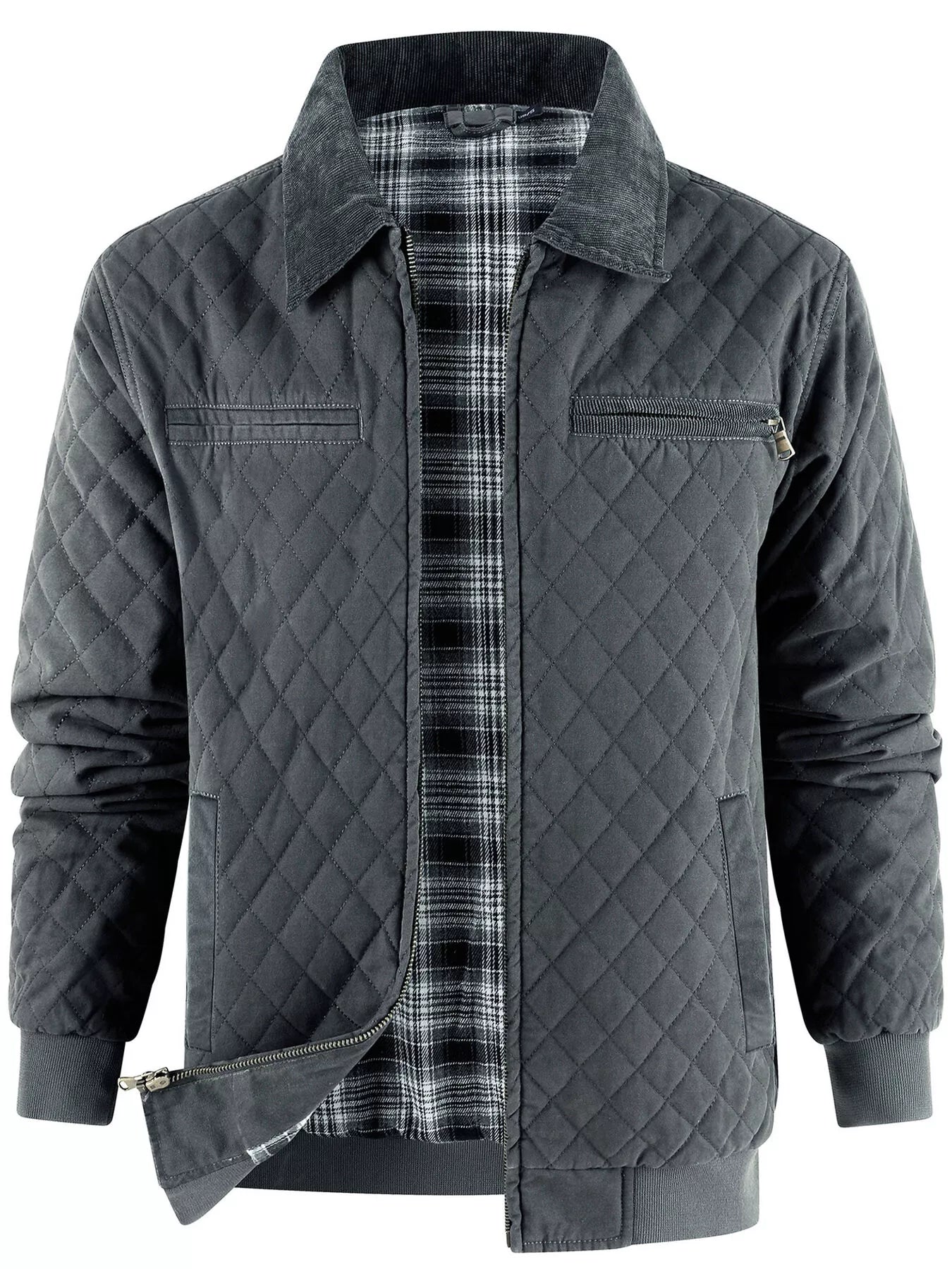 Men's Quilted Collared Neck Jacket with Plaid Lining - PBNJ FASHIONS