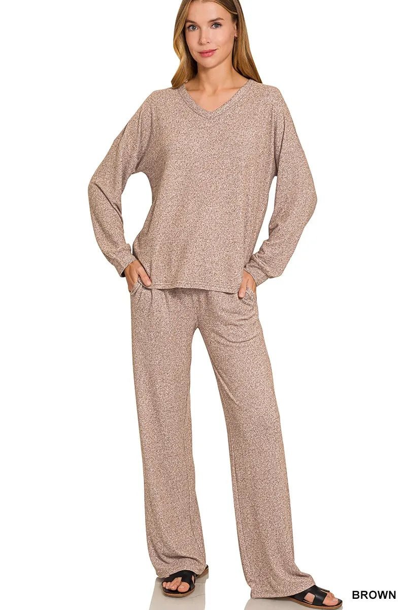 Zenana Soft Melange Long Sleeve Tee & Pants Set - PBNJ FASHIONS