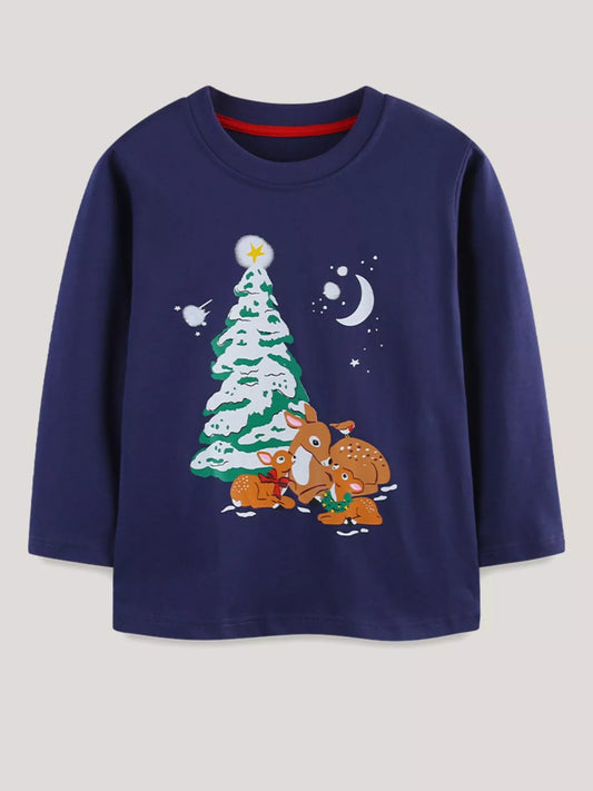 Children's Christmas Deer Graphic Long Sleeve T-Shirt - PBNJ FASHIONS
