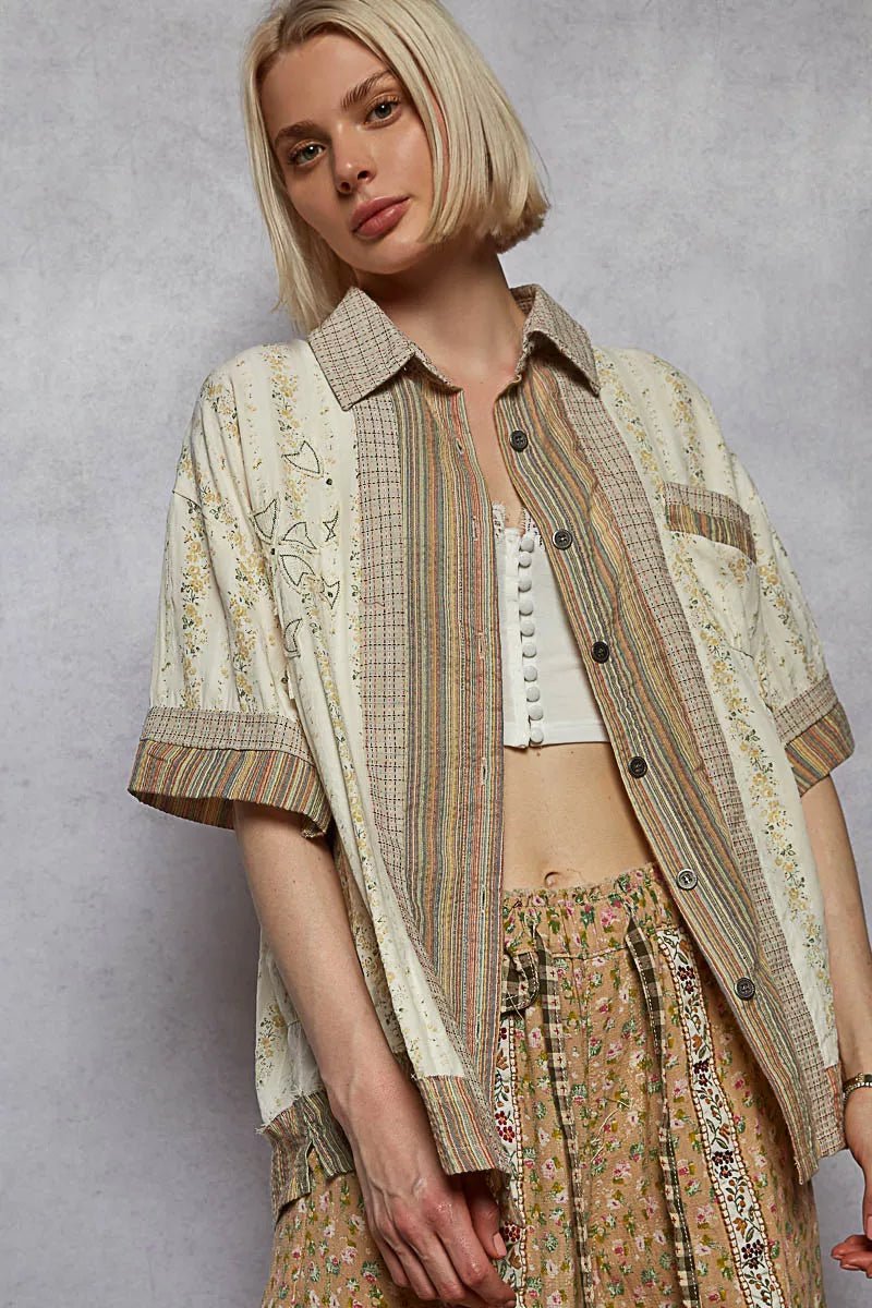 POL Printed Button Down Patchwork Short Sleeve Shirt - PBNJ FASHIONS