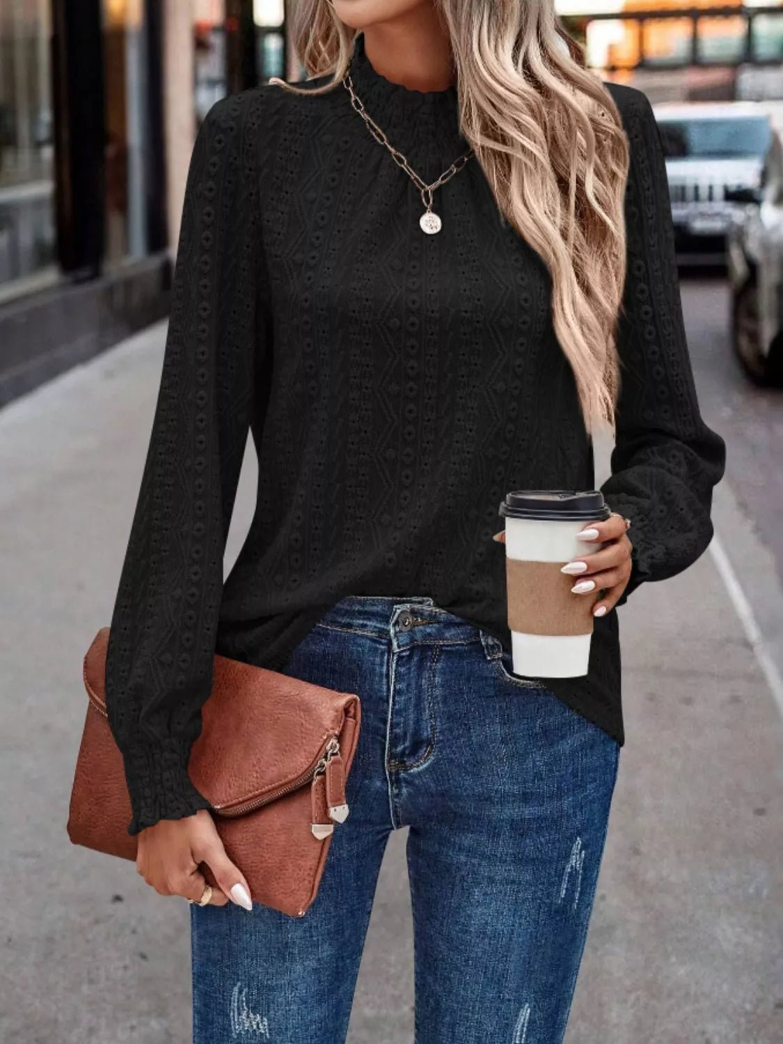 Eyelet Long Sleeve Blouse - PBNJ FASHIONS