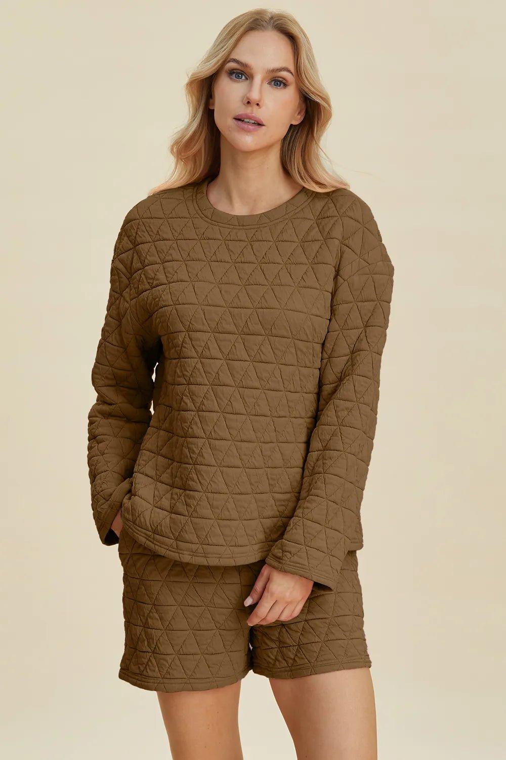 Double Take Full Size Texture Round Neck Long Sleeve Top and Shorts Set - PBNJ FASHIONS