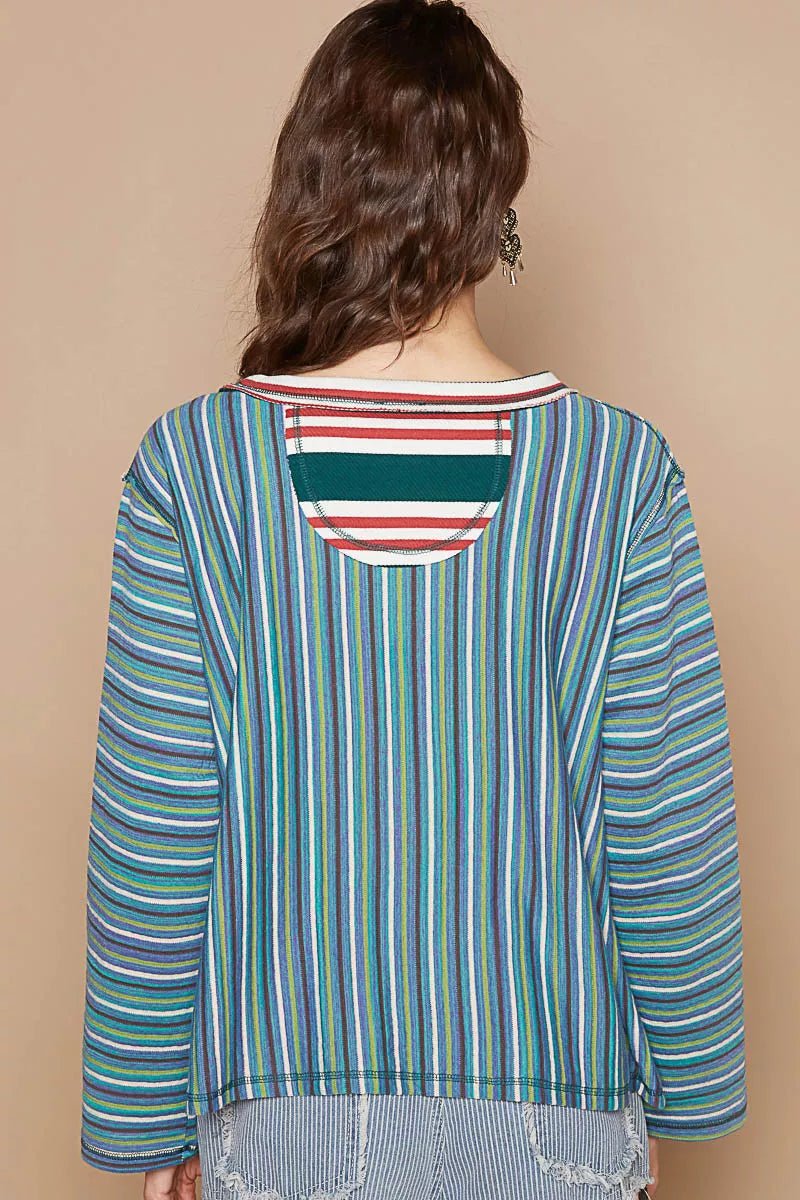 POL Color Block Striped Round Neck Long Sleeve T-Shirt - PBNJ FASHIONS