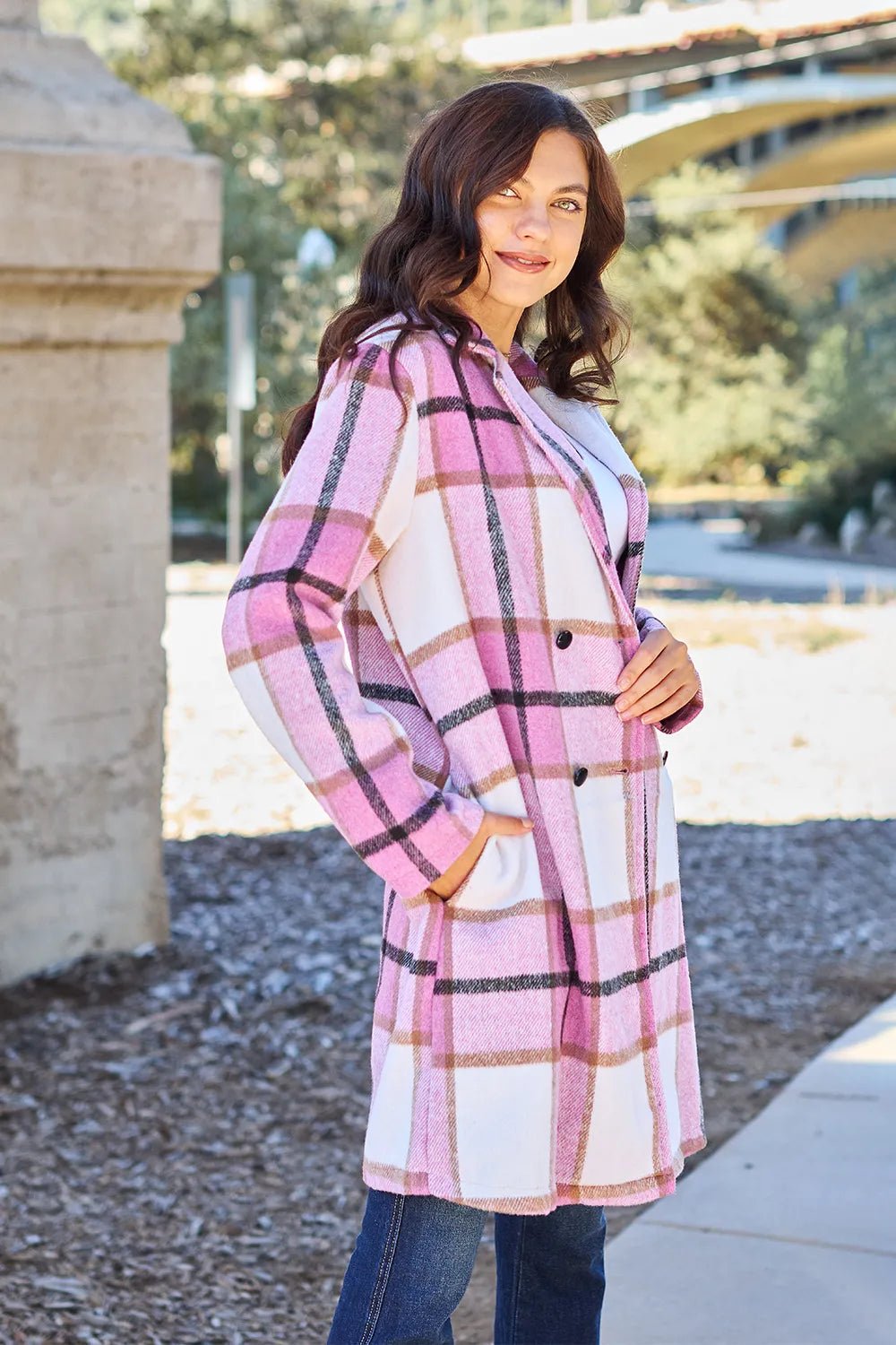 Double Take Full Size Plaid Button Up Lapel Collar Coat - PBNJ FASHIONS