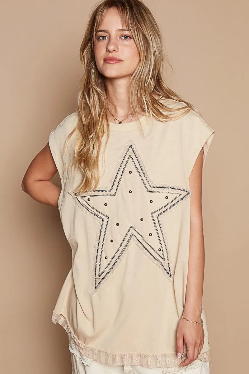 POL Star Patch Studded Sleeveless T-Shirt with Lace Hem - PBNJ FASHIONS