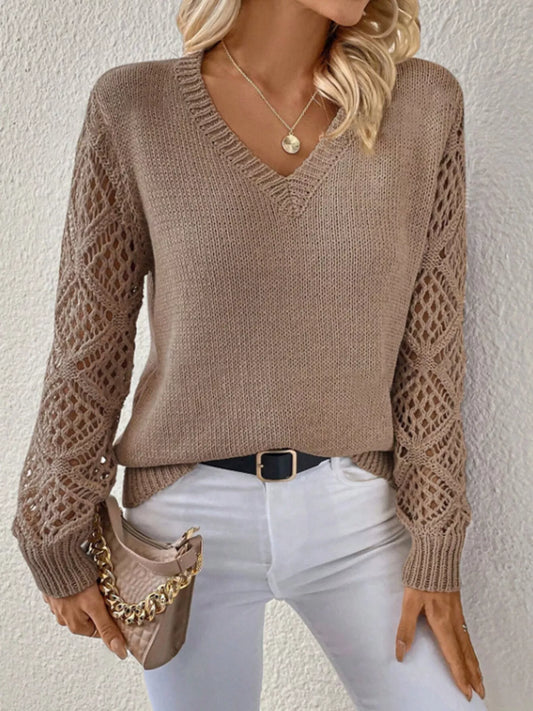 V - Neck Hollow - Out Sleeve Knit Sweater - PBNJ FASHIONS