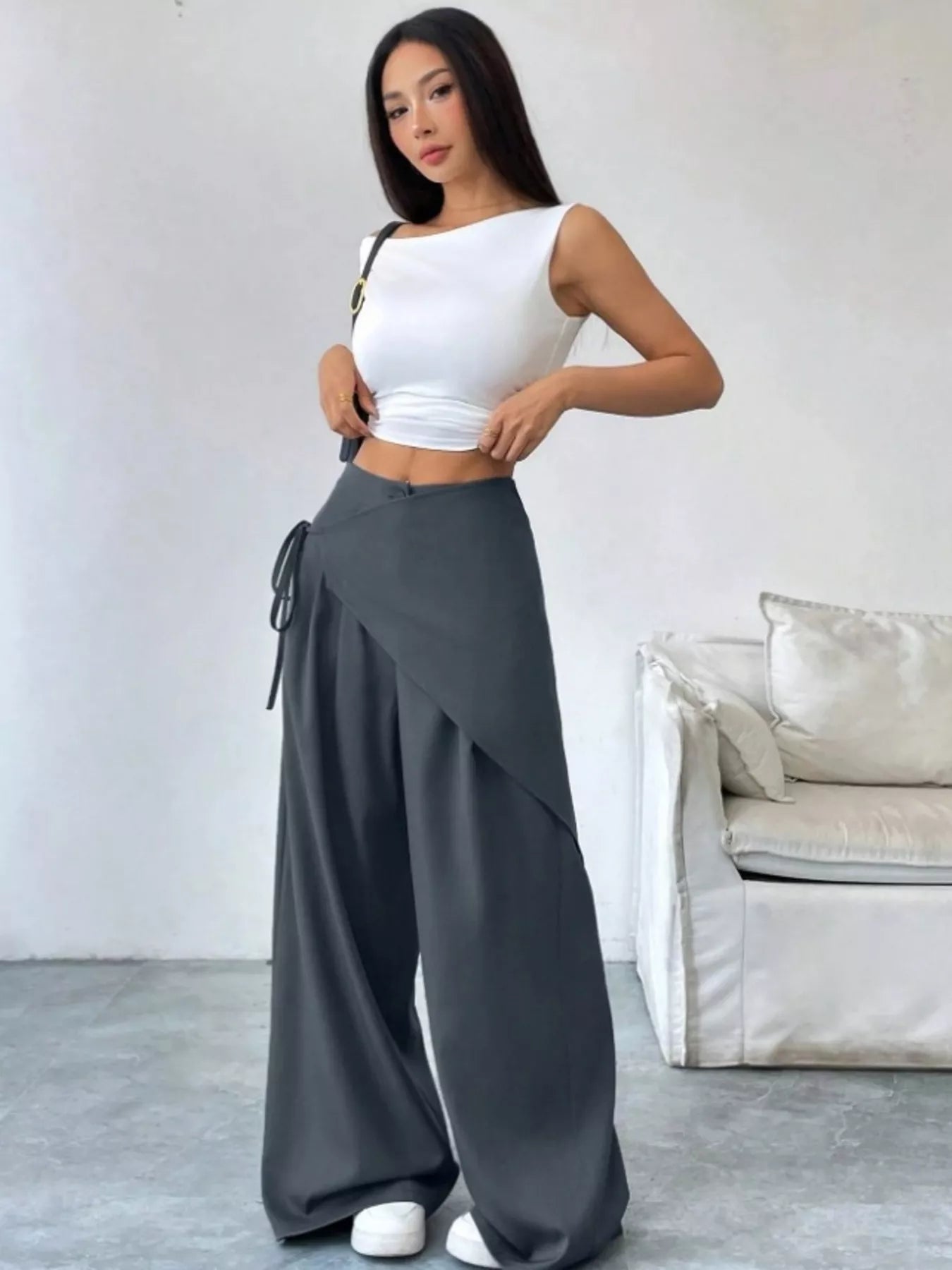Chic Wrap Front Wide-Leg Wrap Pants - Dark Gray-S- - PBNJ FASHIONS