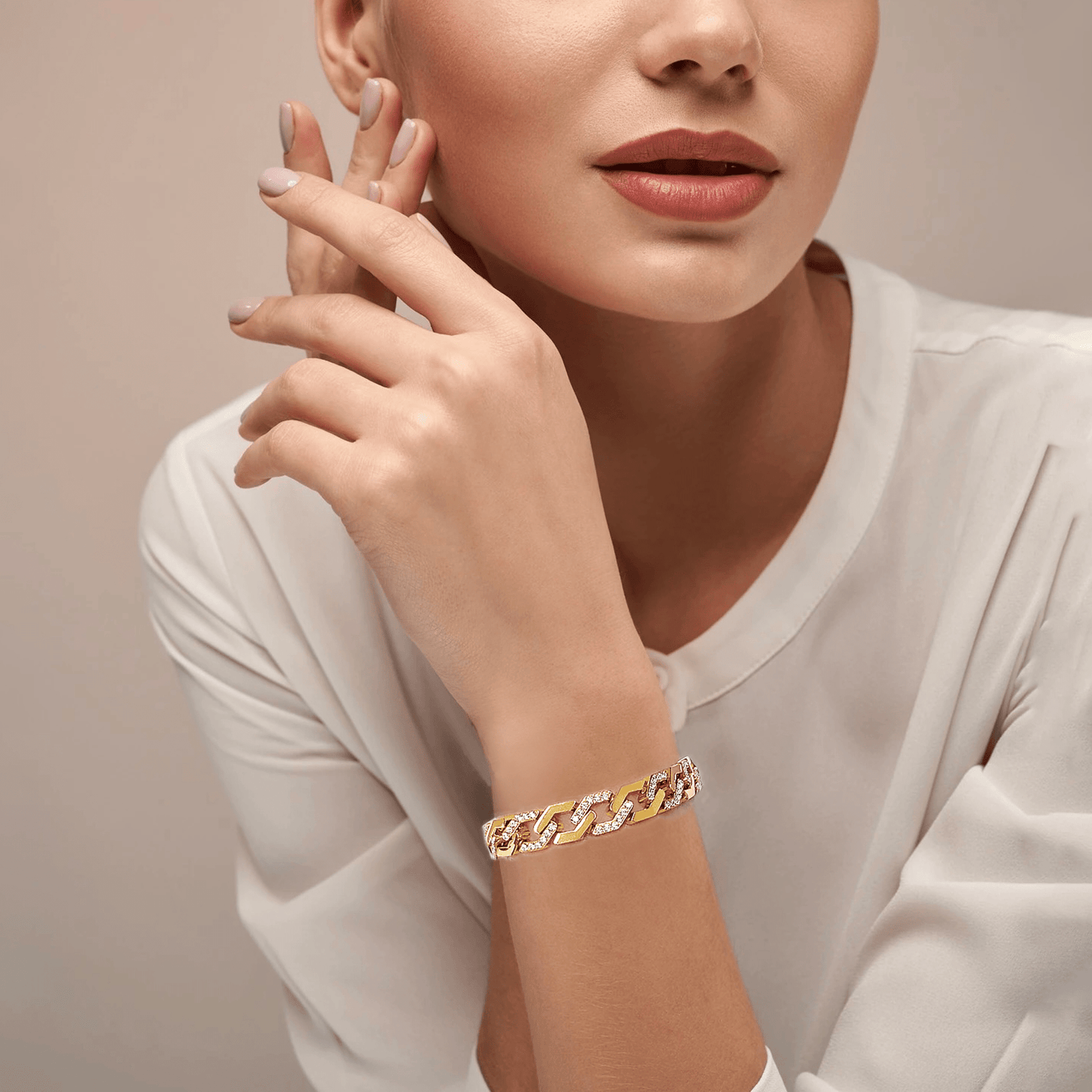 BG101G B.Tiff Pavé High Polish Gold Flat Angular Cuban Link Bracelet - PBNJ FASHIONS