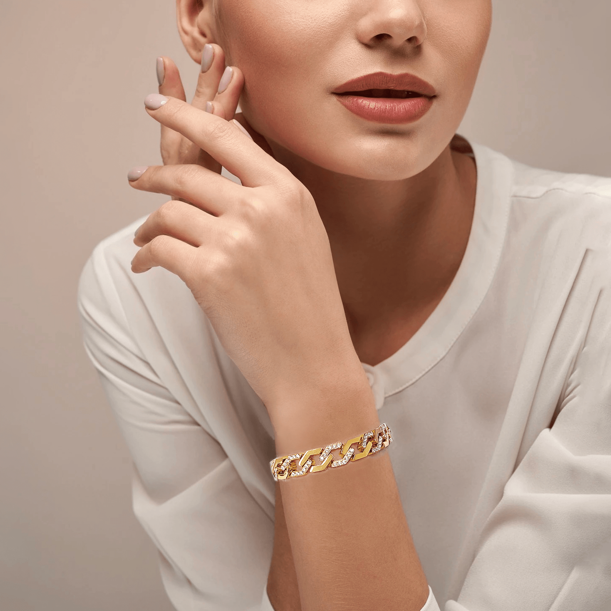 BG101G B.Tiff Pavé High Polish Gold Flat Angular Cuban Link Bracelet - PBNJ FASHIONS