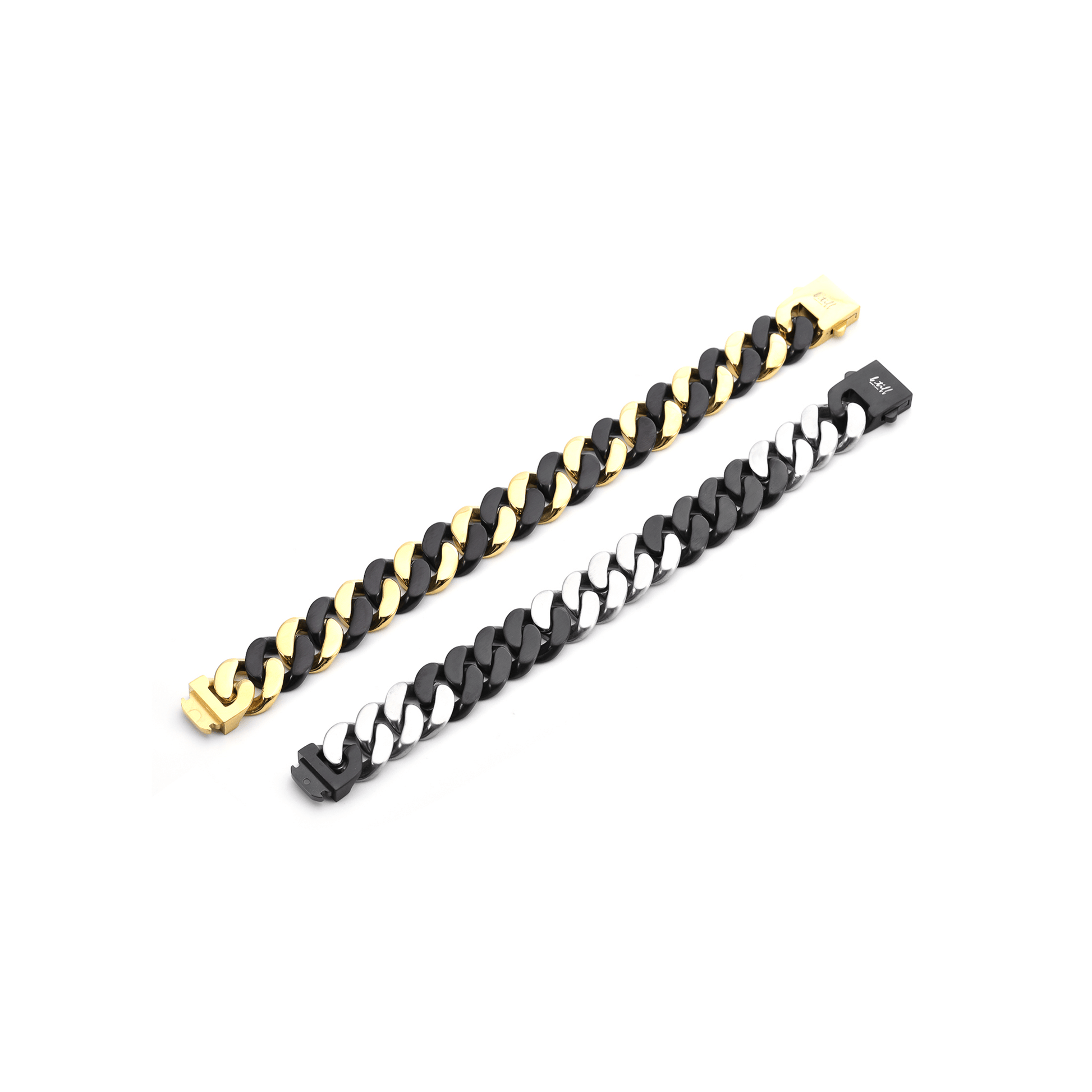 BG160BW B.Tiff High Polish 16mm 2 Tone Black & Stainless Steel Flat Cuban Link Bracelet - PBNJ FASHIONS