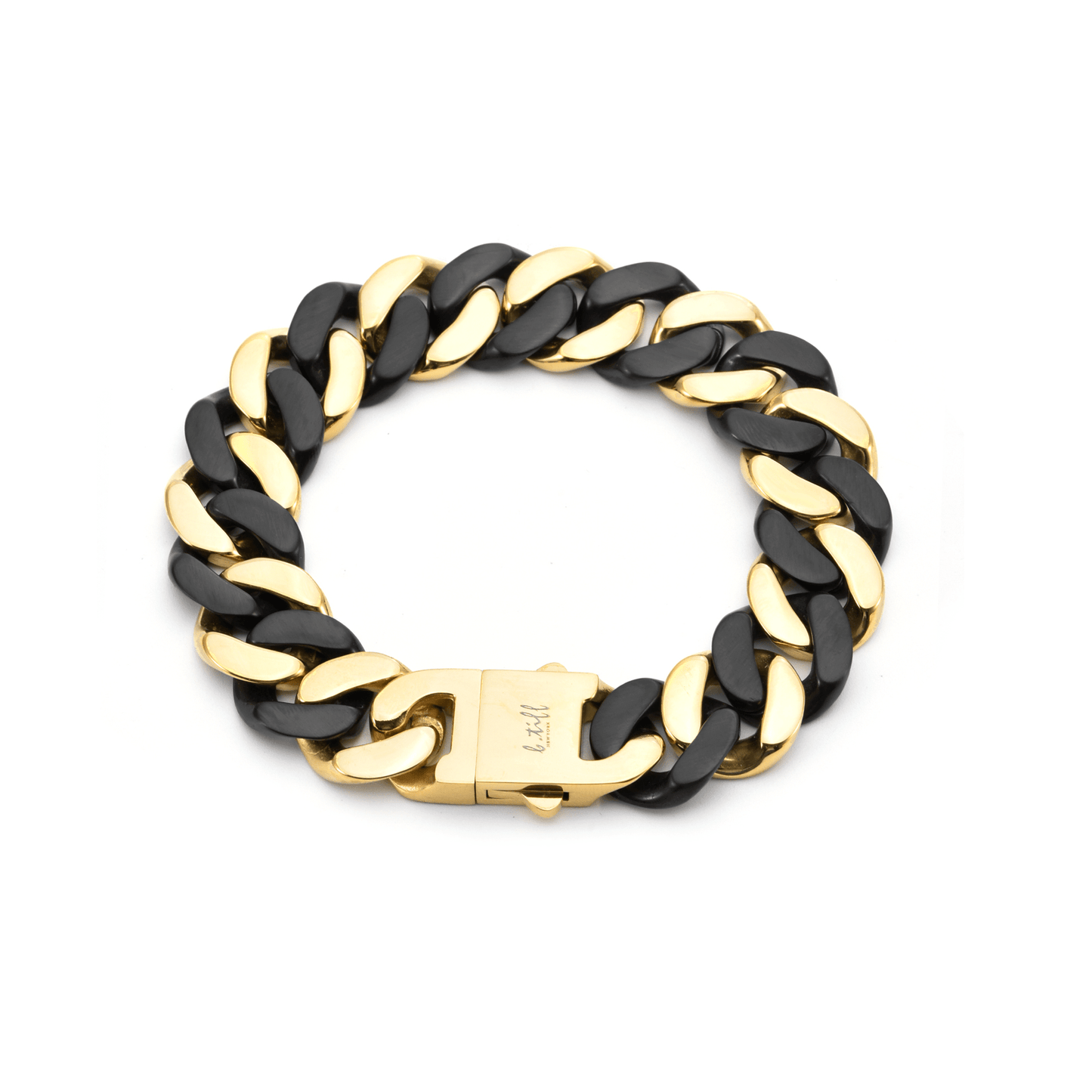 BG160BG B.Tiff High Polish 16mm Black & Gold Flat Cuban Link Bracelet - PBNJ FASHIONS