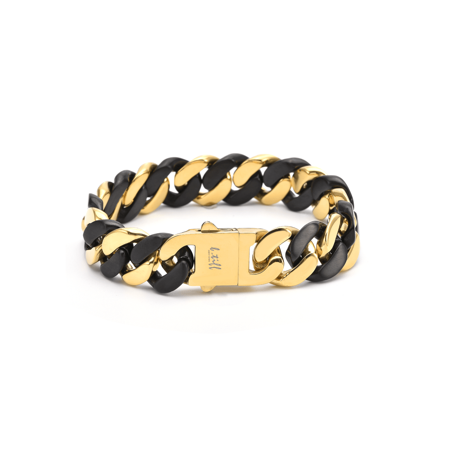 BG160BG B.Tiff High Polish 16mm Black & Gold Flat Cuban Link Bracelet - PBNJ FASHIONS