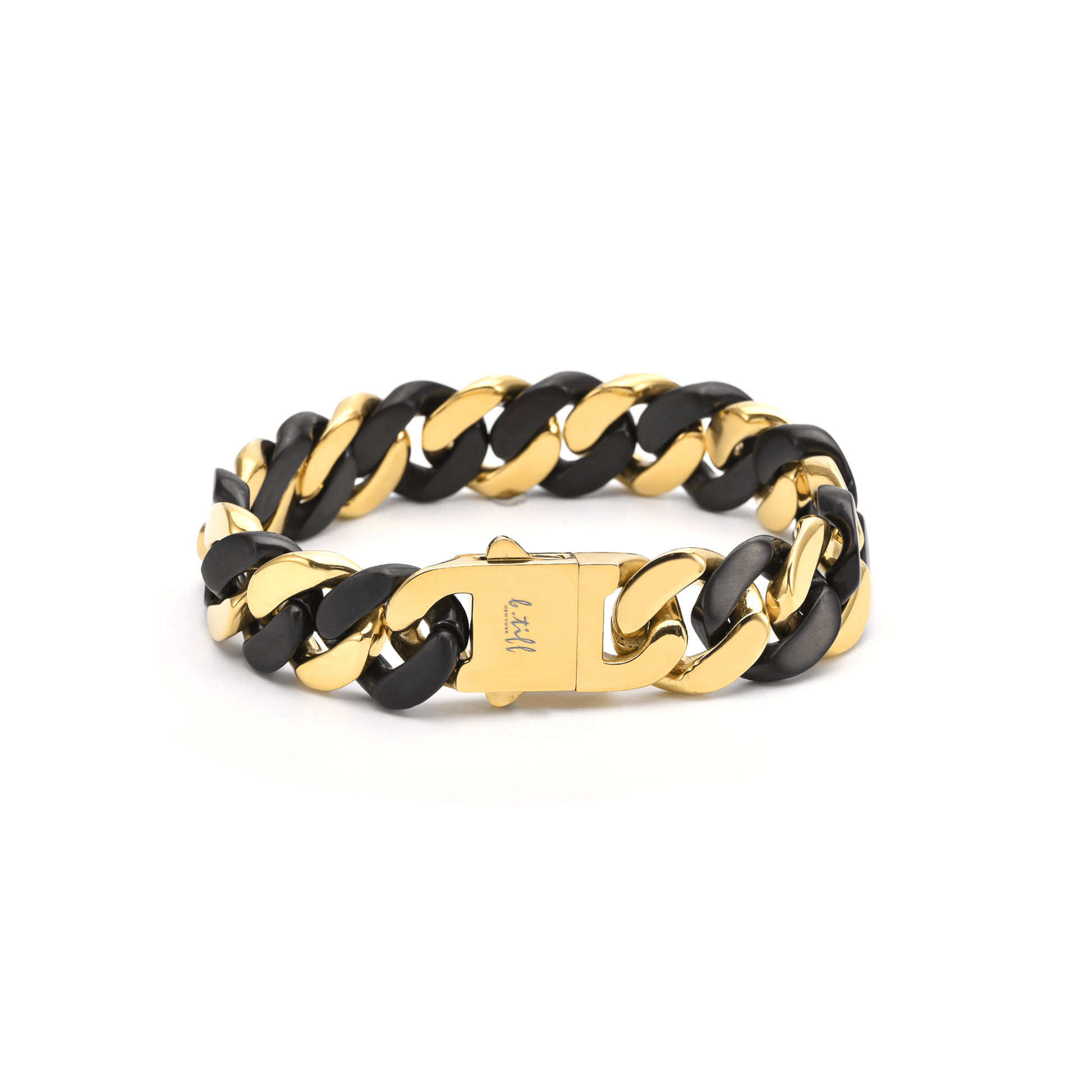 BG160BG B.Tiff High Polish 16mm Black & Gold Flat Cuban Link Bracelet - PBNJ FASHIONS