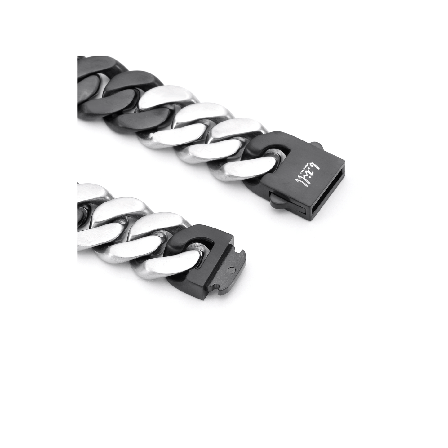 BG160BW B.Tiff High Polish 16mm 2 Tone Black & Stainless Steel Flat Cuban Link Bracelet - PBNJ FASHIONS