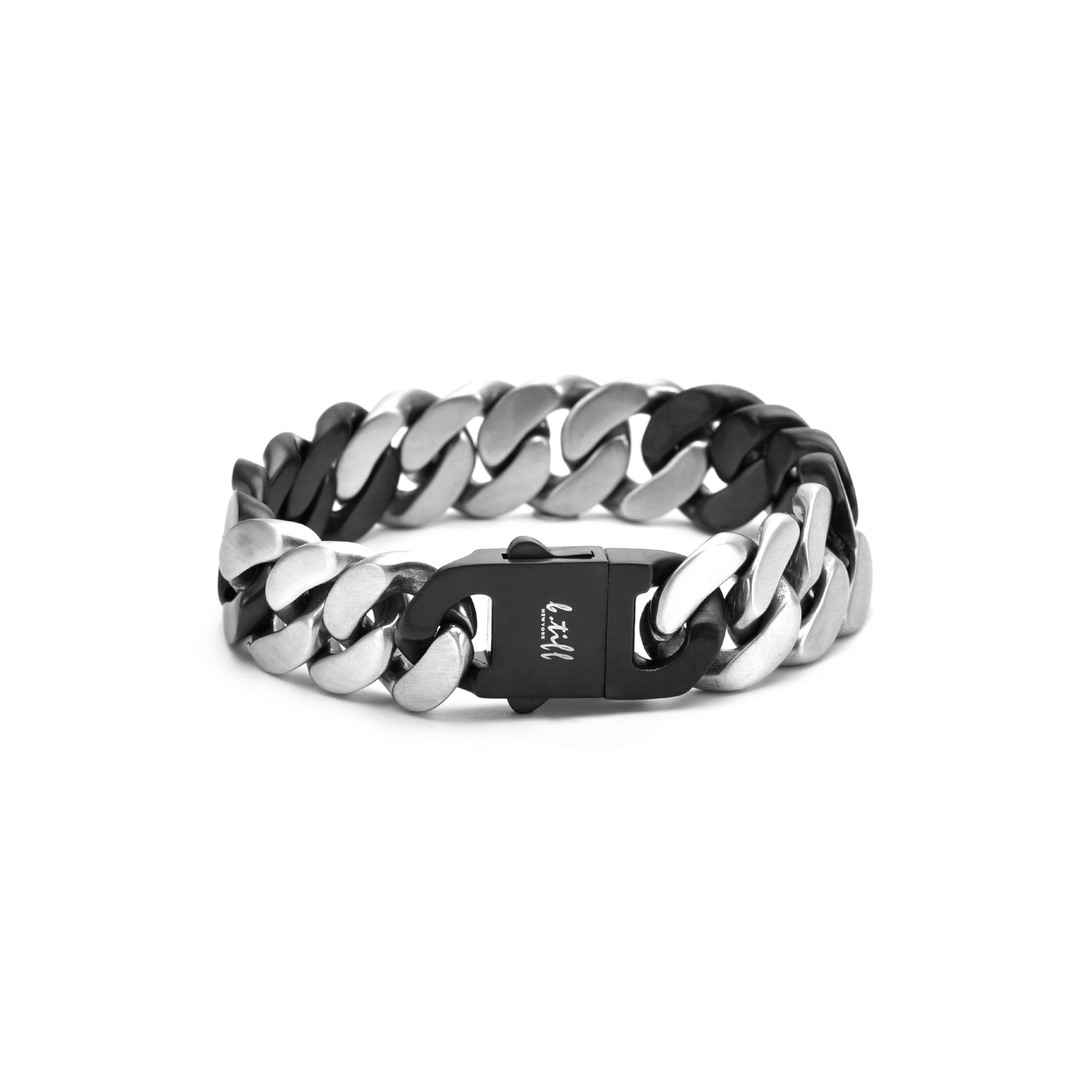 BG160BW B.Tiff High Polish 16mm 2 Tone Black & Stainless Steel Flat Cuban Link Bracelet - PBNJ FASHIONS