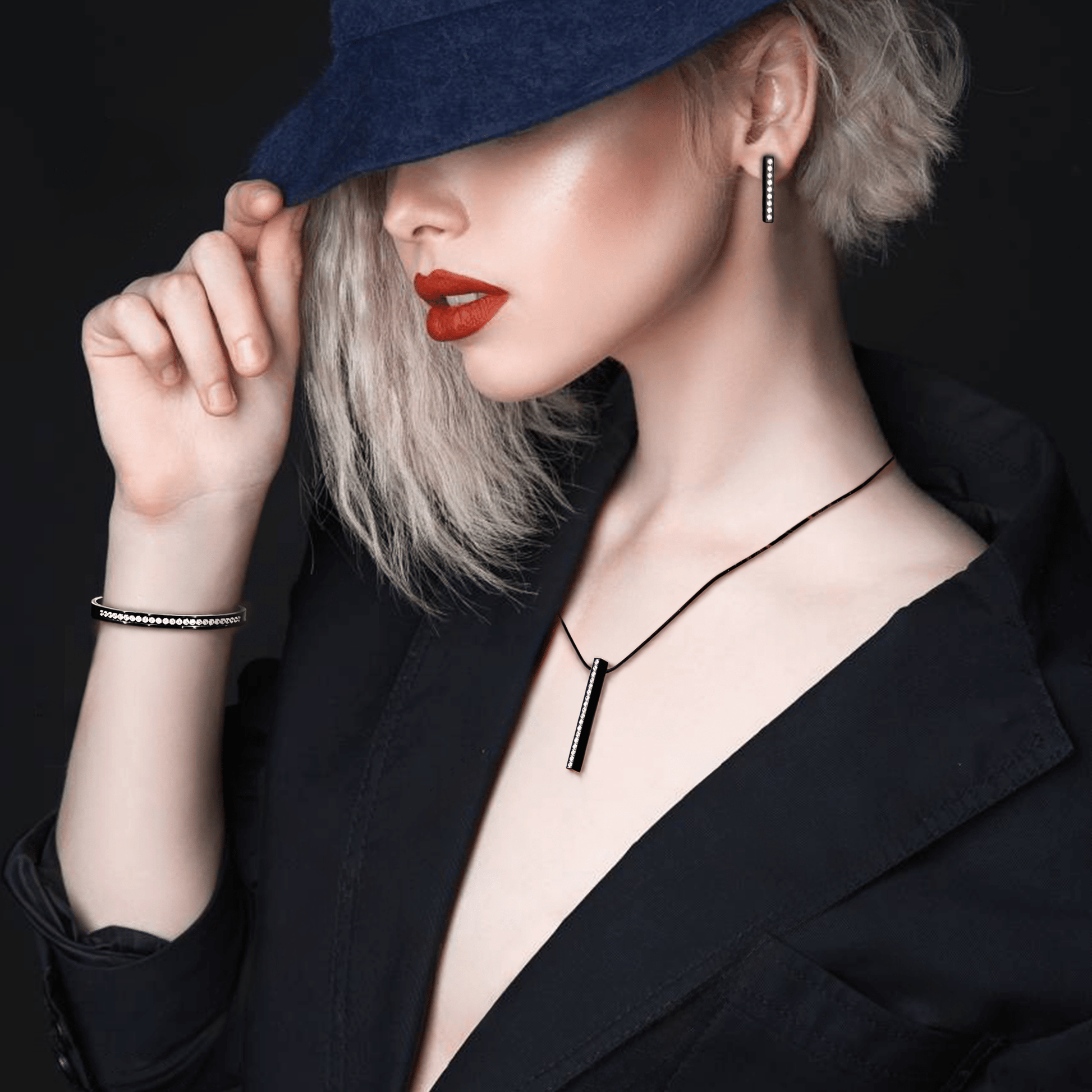 ER107B B.Tiff Black 9 - Stone Short Bar Earrings - PBNJ FASHIONS