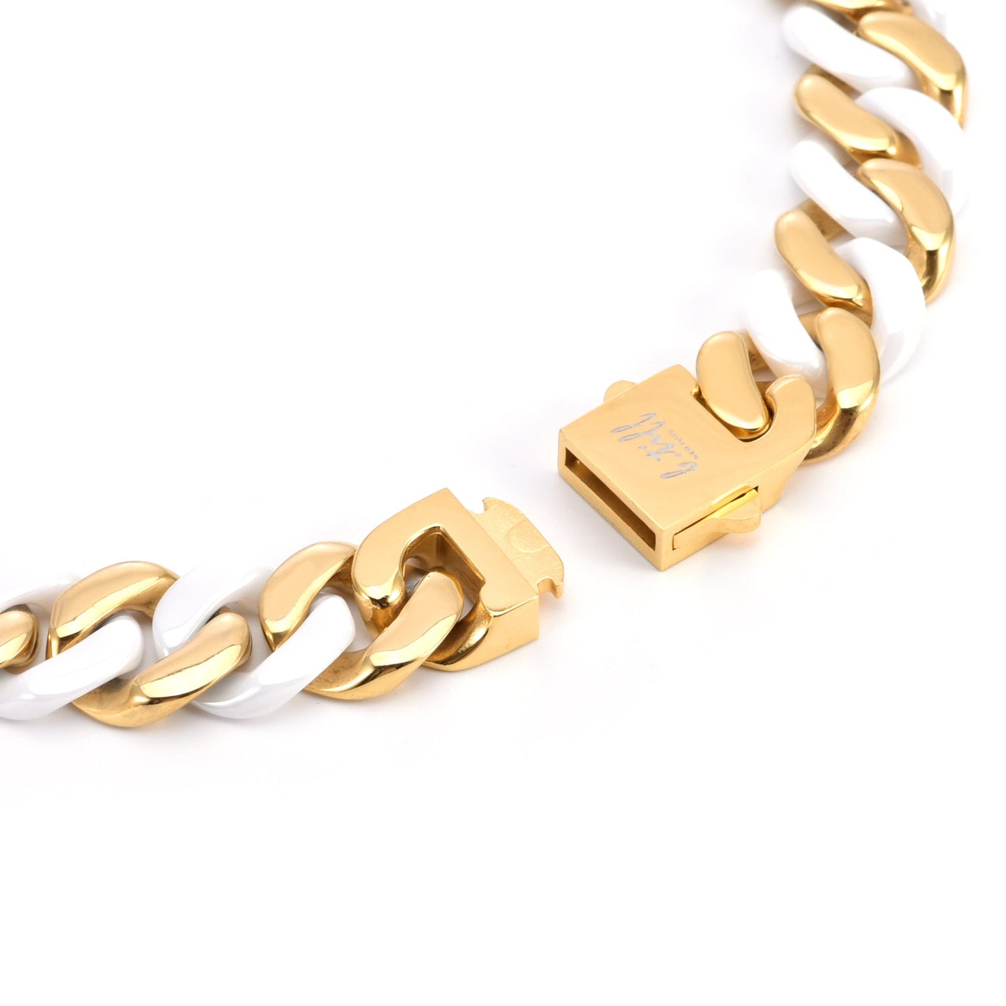 C160GW B.Tiff 16mm 2-Tone Gold Plated White Ceramic Flat Cuban Link Necklace