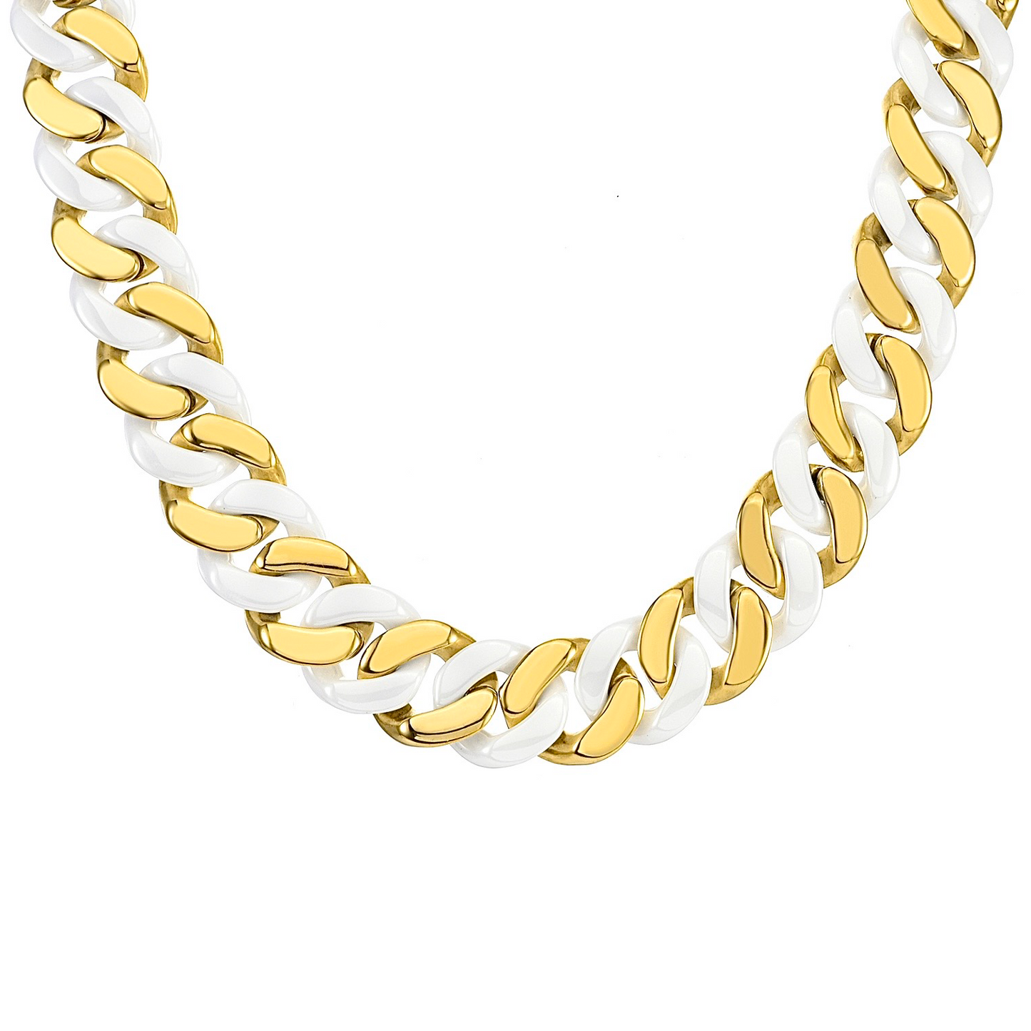 C160GW B.Tiff 16mm 2-Tone Gold Plated White Ceramic Flat Cuban Link Necklace