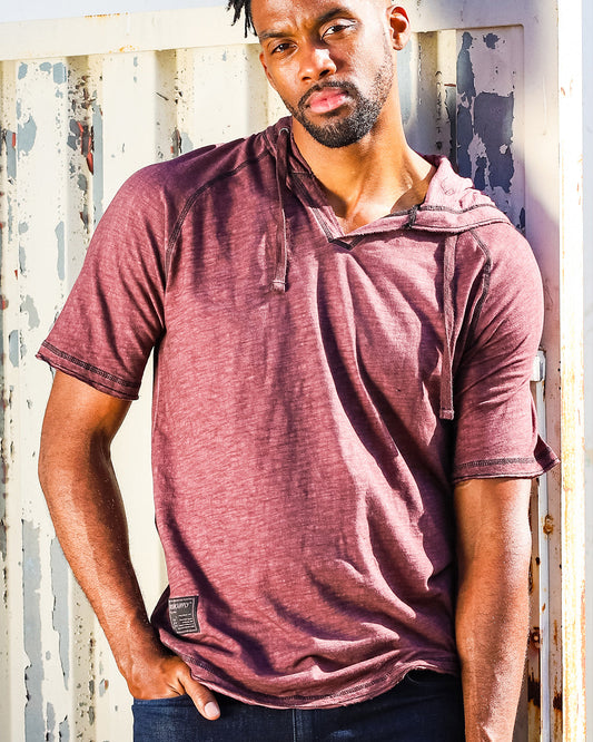 ZIMEGO Short Sleeve Vintage Garment Dyed Hooded Raglan Henley-0