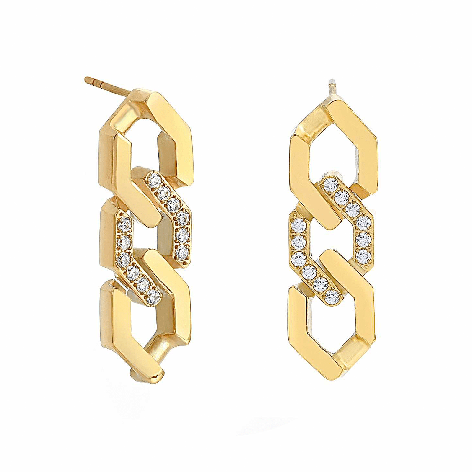 ER200G B.Tiff Gold Pavé High Polish Flat Angular Cuban Link Earrings - PBNJ FASHIONS