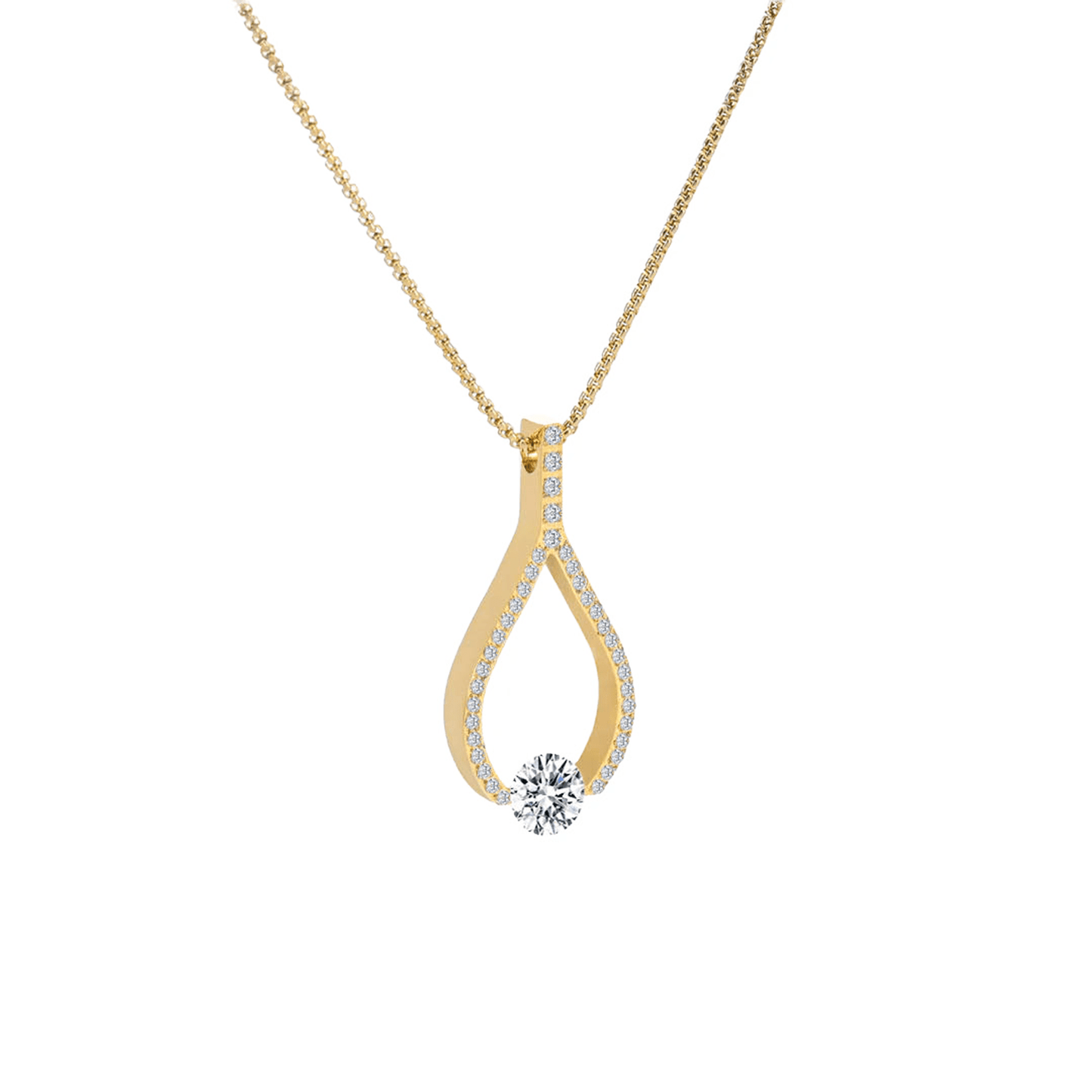 PT306G B.Tiff Gold 1 ct Solitaire Pave Larme Pendant Necklace - PBNJ FASHIONS