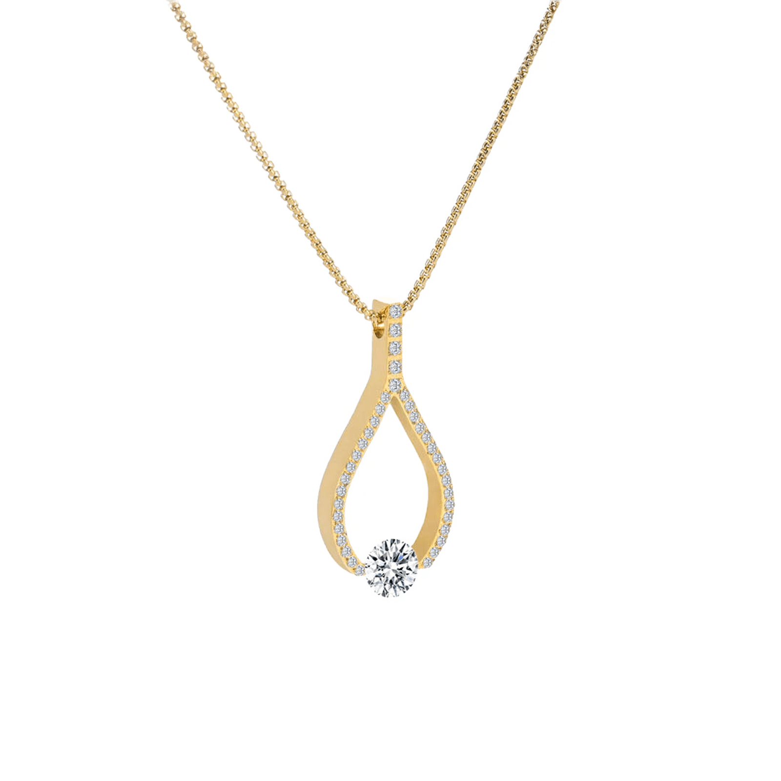 PT306G B.Tiff Gold 1 ct Solitaire Pave Larme Pendant Necklace - PBNJ FASHIONS