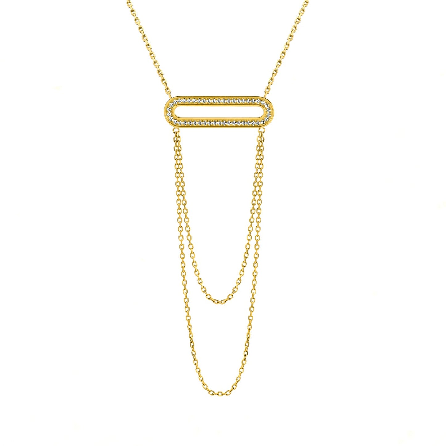 PT630G B.Tiff Gold Pavé Double Chain Oblong Pendant Necklace - PBNJ FASHIONS