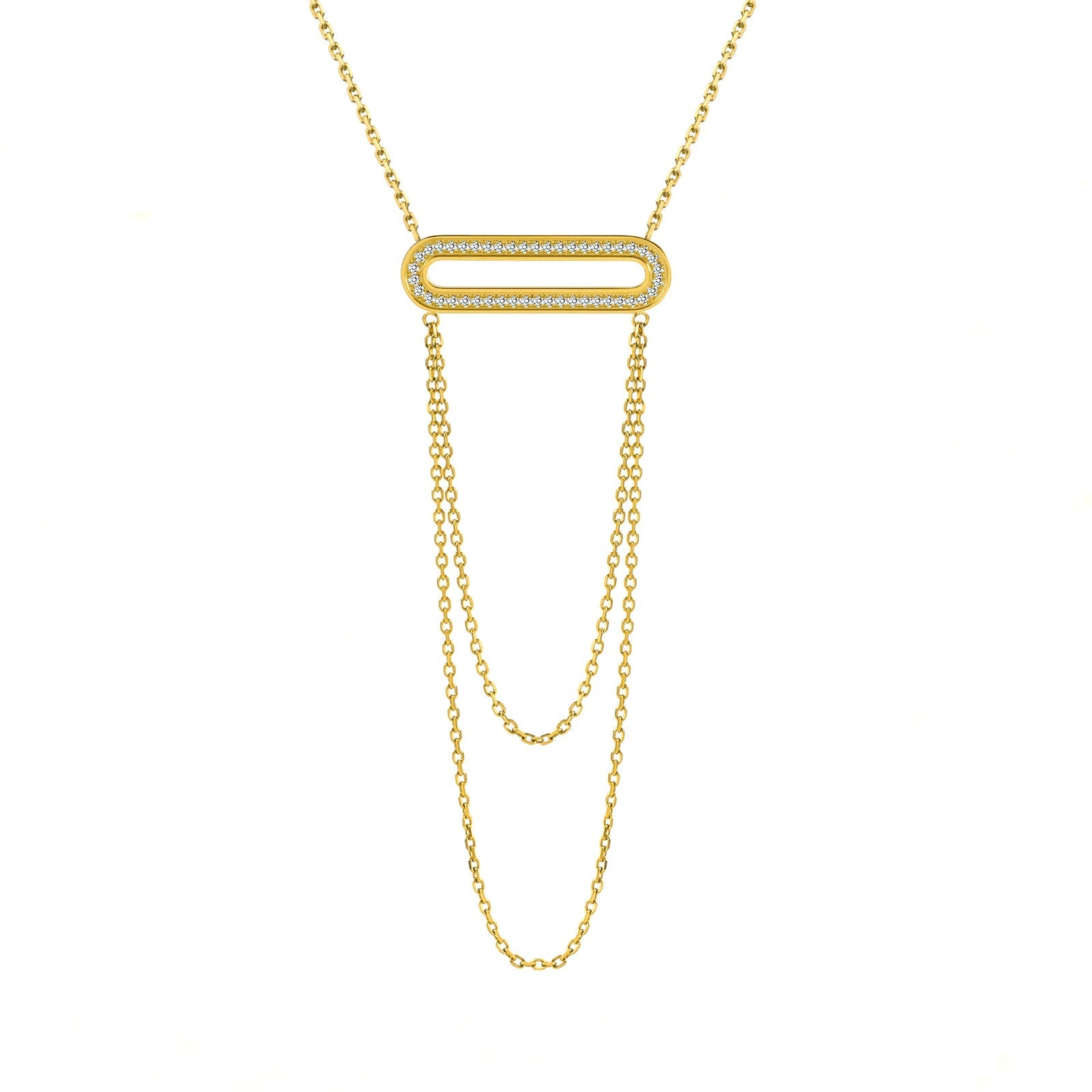 PT630G B.Tiff Gold Pavé Double Chain Oblong Pendant Necklace - PBNJ FASHIONS