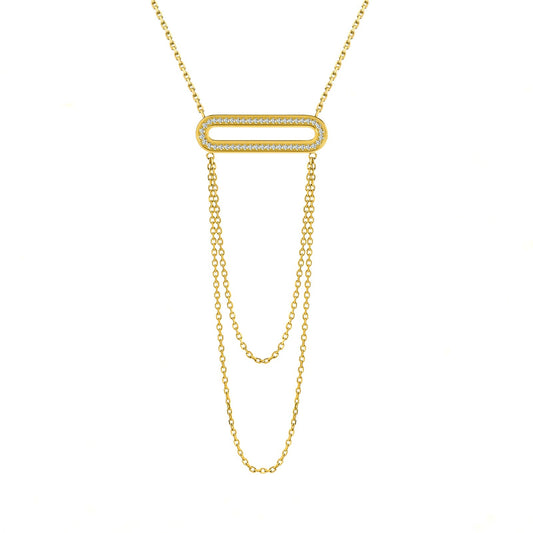 PT630G B.Tiff Gold Pavé Double Chain Oblong Pendant Necklace - PBNJ FASHIONS