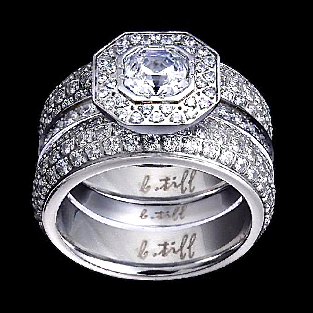 B.Tiff Aŭreolo II 1 ct Cushion Cut Halo Engagement Ring & Three-Row Eternity Band Set