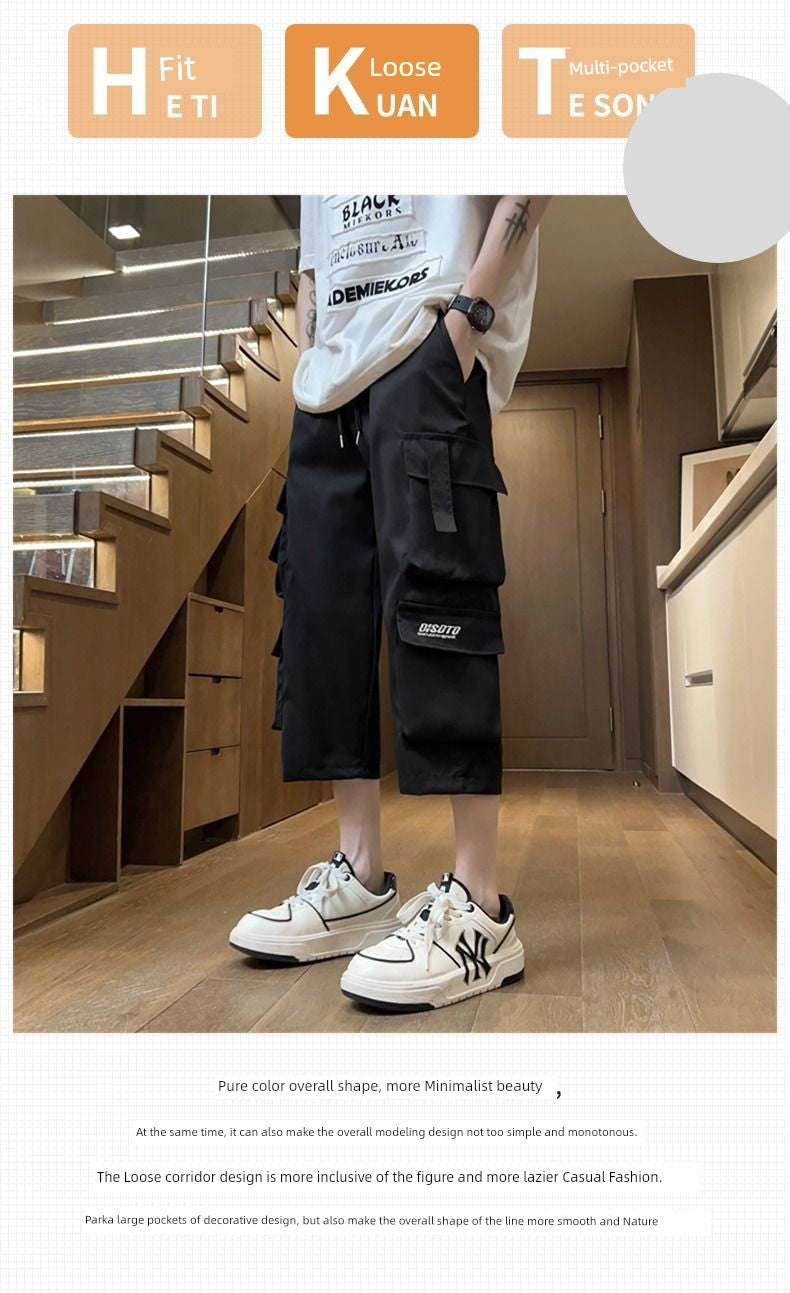 Cropped Shorts Cargo Multi-pockets Loose Men's Fashion Brand Summer American Outer Wear Thin Sports Casual Pants