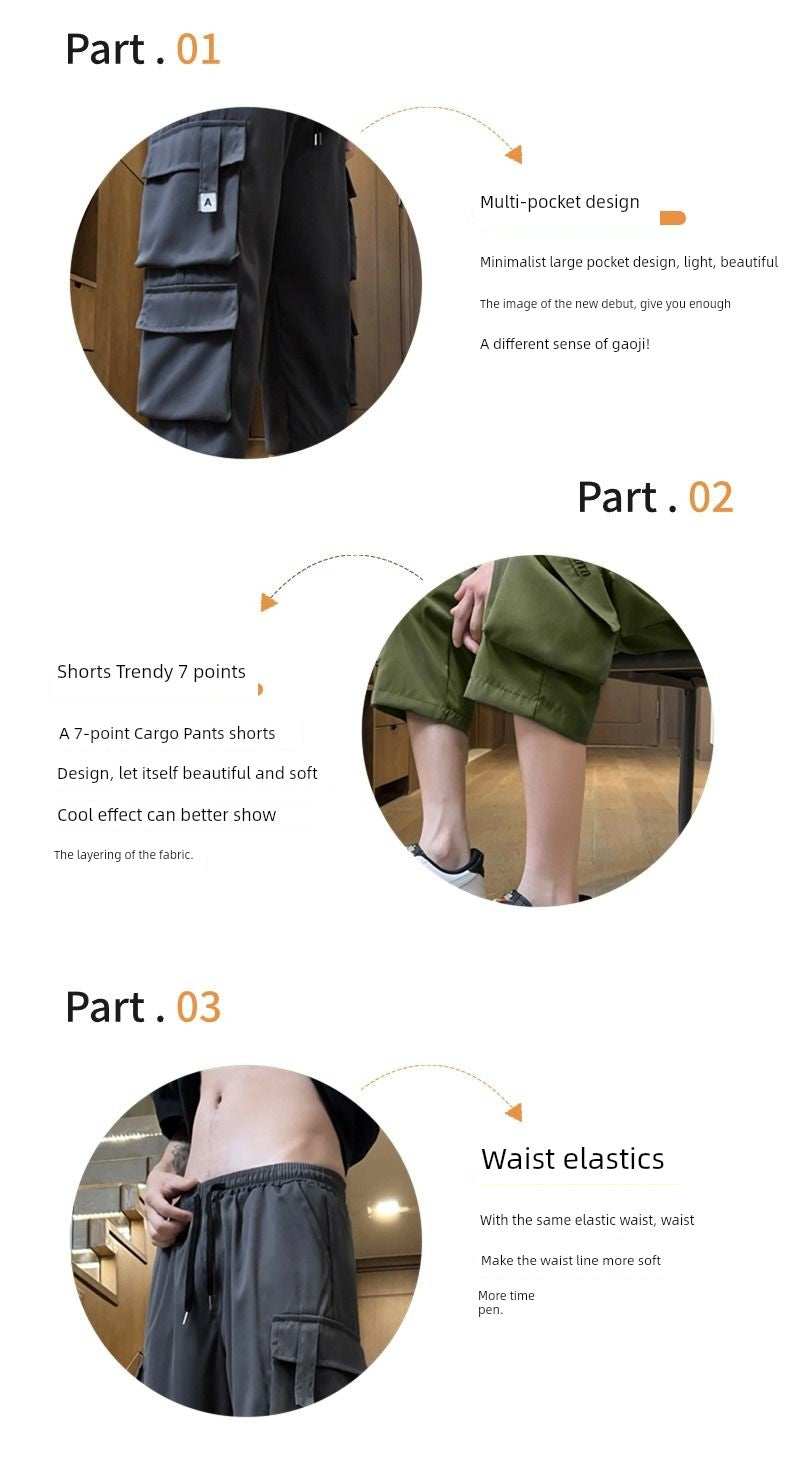 Cropped Shorts Cargo Multi-pockets Loose Men's Fashion Brand Summer American Outer Wear Thin Sports Casual Pants