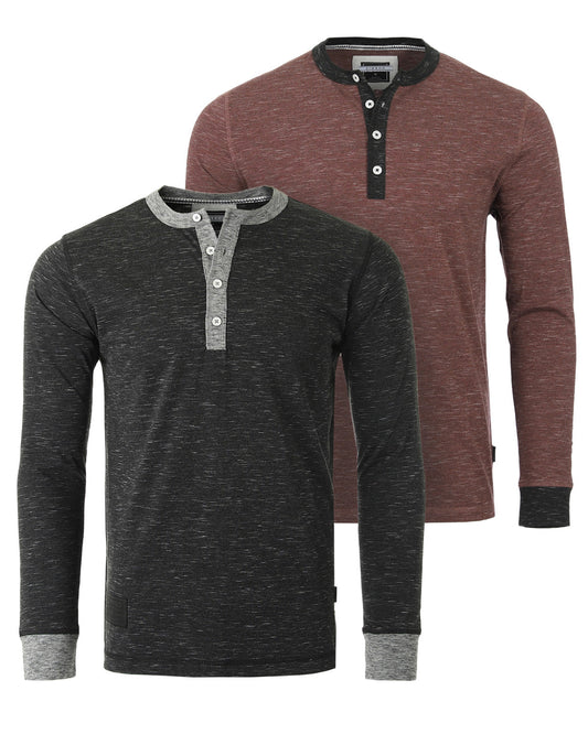 Long Sleeve Casual Henley Shirts With Contrast Neck and Cuffs Set of 2-0